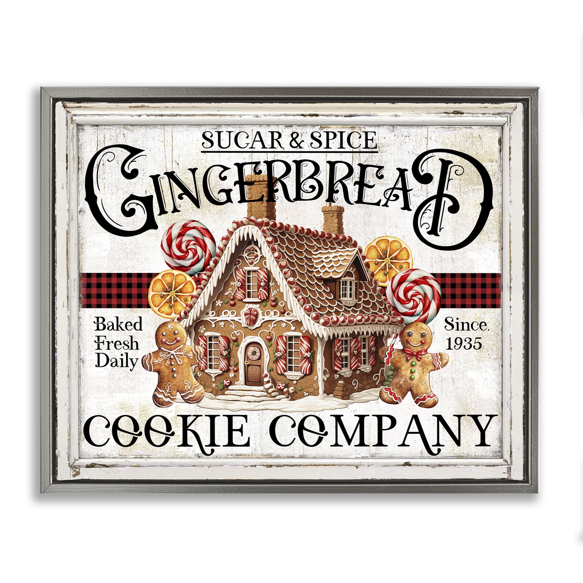 Stupell Industries Gingerbread Vintage Sign Holiday Painting Gray Floater Framed Canvas Art Prints Wall Art, 31 x 25