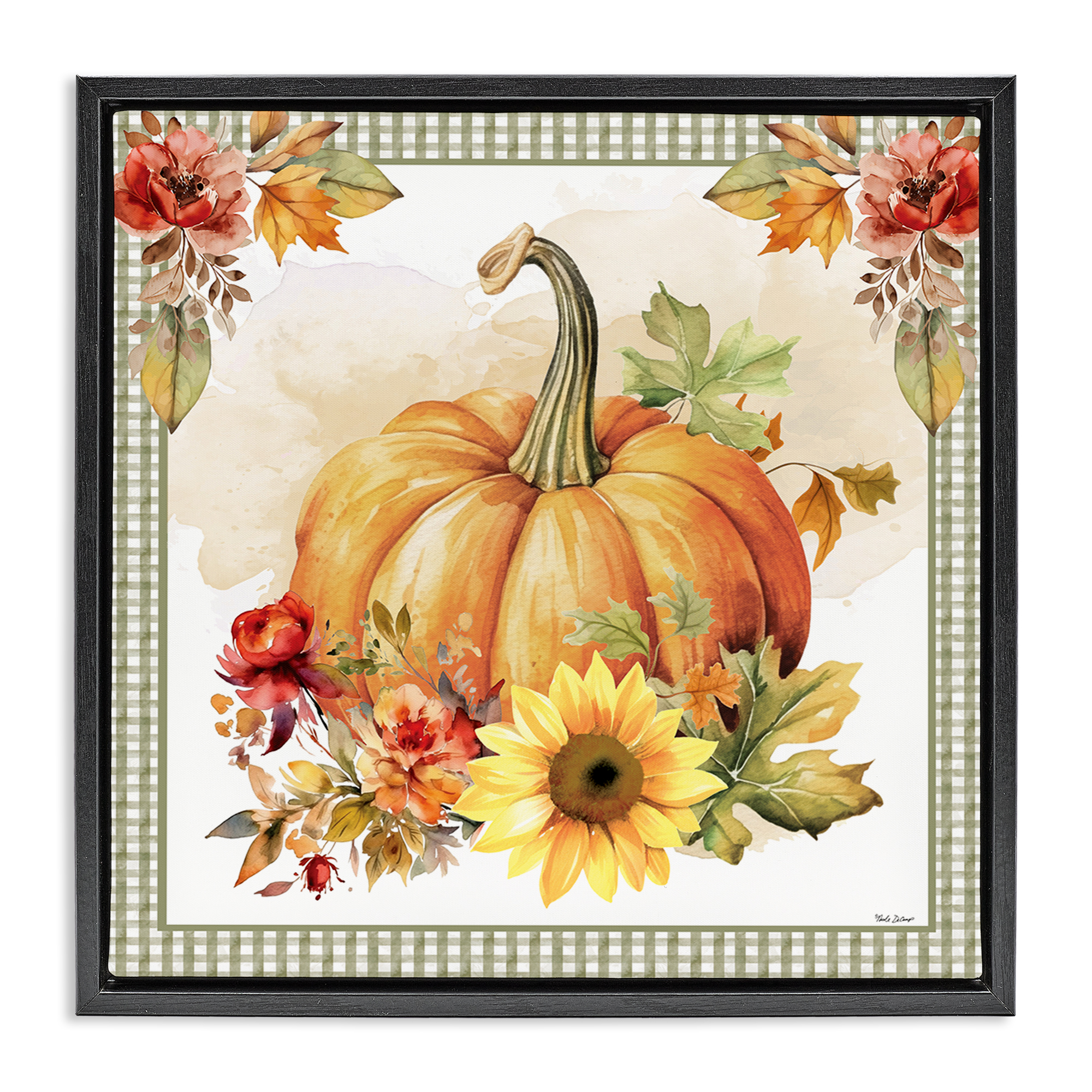 Stupell Industries Gingham Bordered Pumpkin Botanical & Floral Painting Black Floater Framed Canvas Art Prints Wall Art, 25 x 25