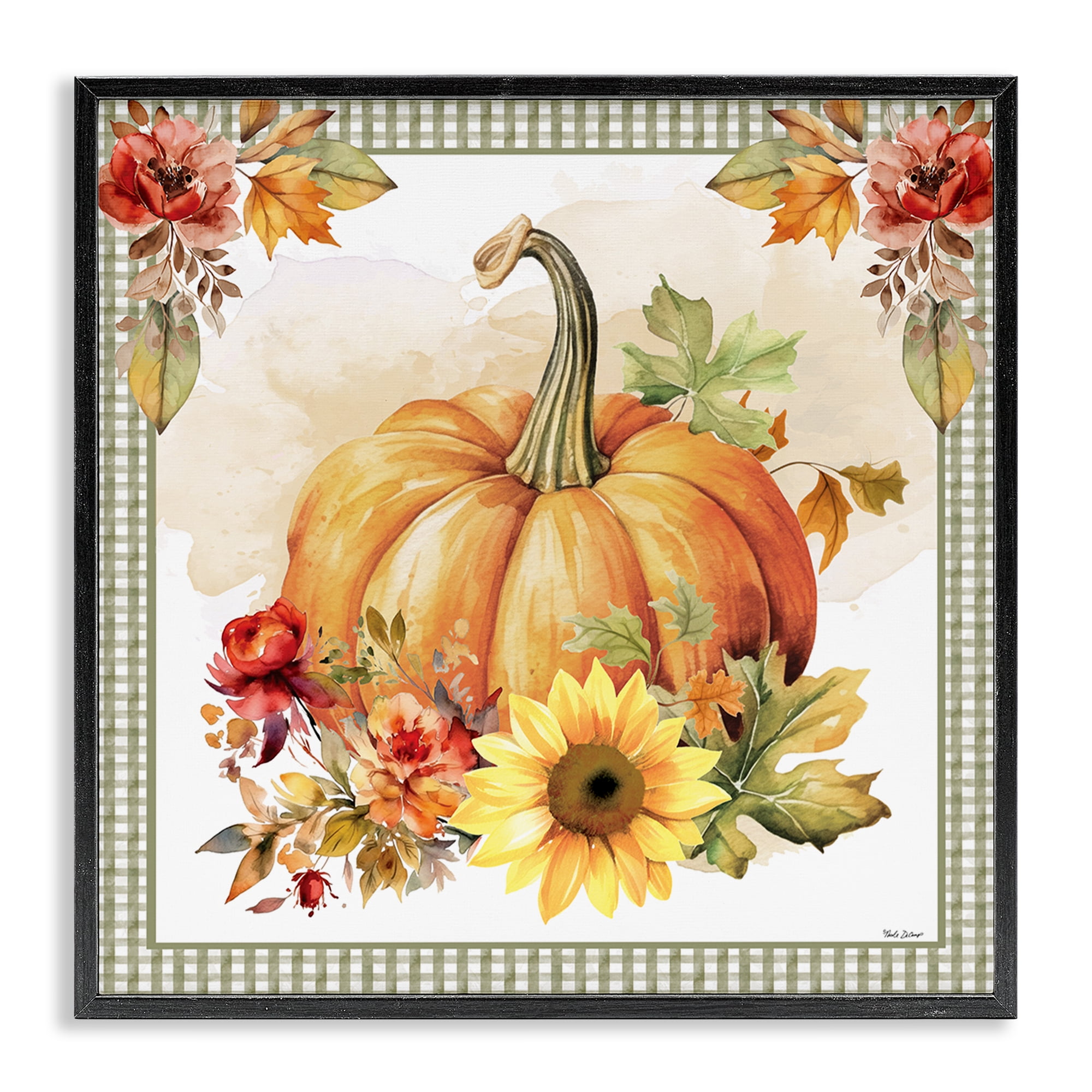 Stupell Industries Gingham Bordered Pumpkin Botanical & Floral Painting Black Framed Art Prints Wall Art, 17 x 17