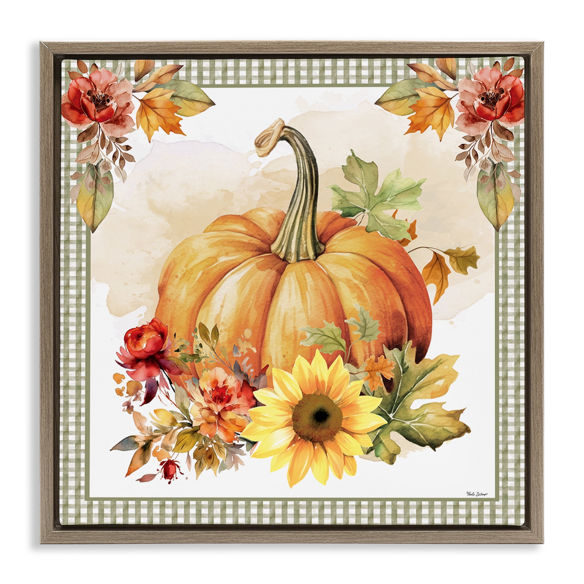 Stupell Industries Gingham Bordered Pumpkin Botanical & Floral Painting Brown Floater Framed Canvas Art Prints Wall Art, 18 x 18