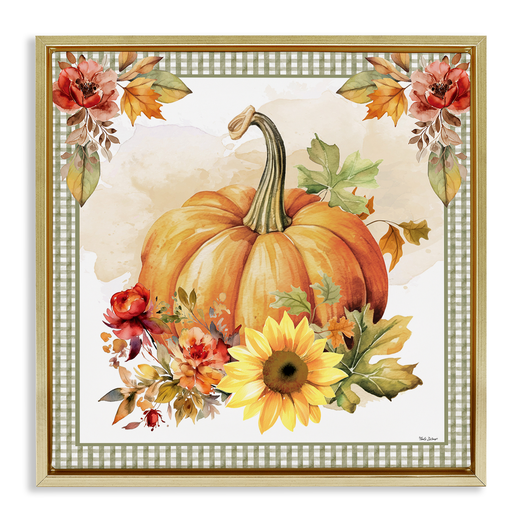 Stupell Industries Gingham Bordered Pumpkin Botanical & Floral Painting Gold Floater Framed Canvas Art Prints Wall Art, 18 x 18