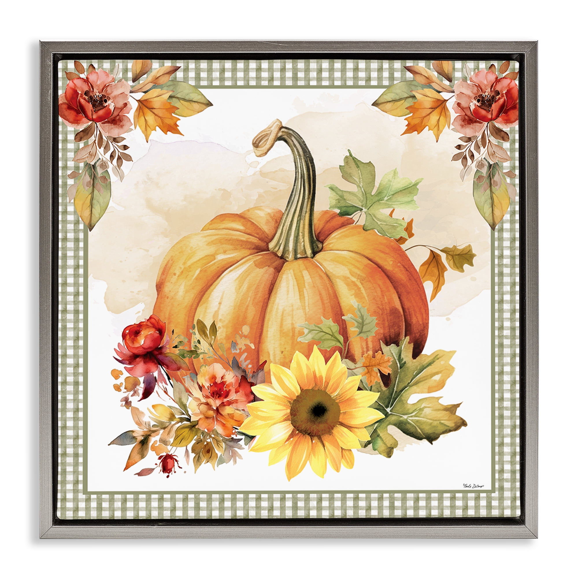 Stupell Industries Gingham Bordered Pumpkin Botanical & Floral Painting Gray Floater Framed Canvas Art Prints Wall Art, 18 x 18