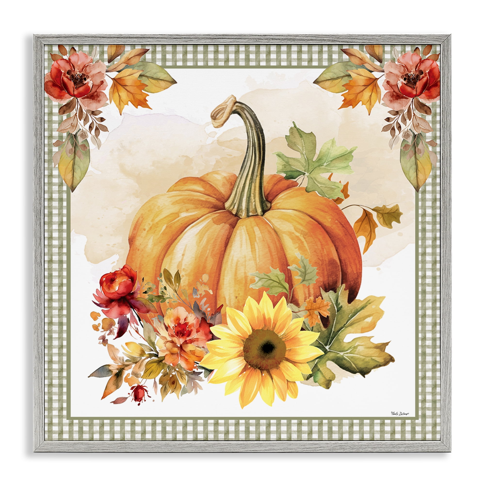 Stupell Industries Gingham Bordered Pumpkin Botanical & Floral Painting Gray Framed Art Prints Wall Art, 24 x 24