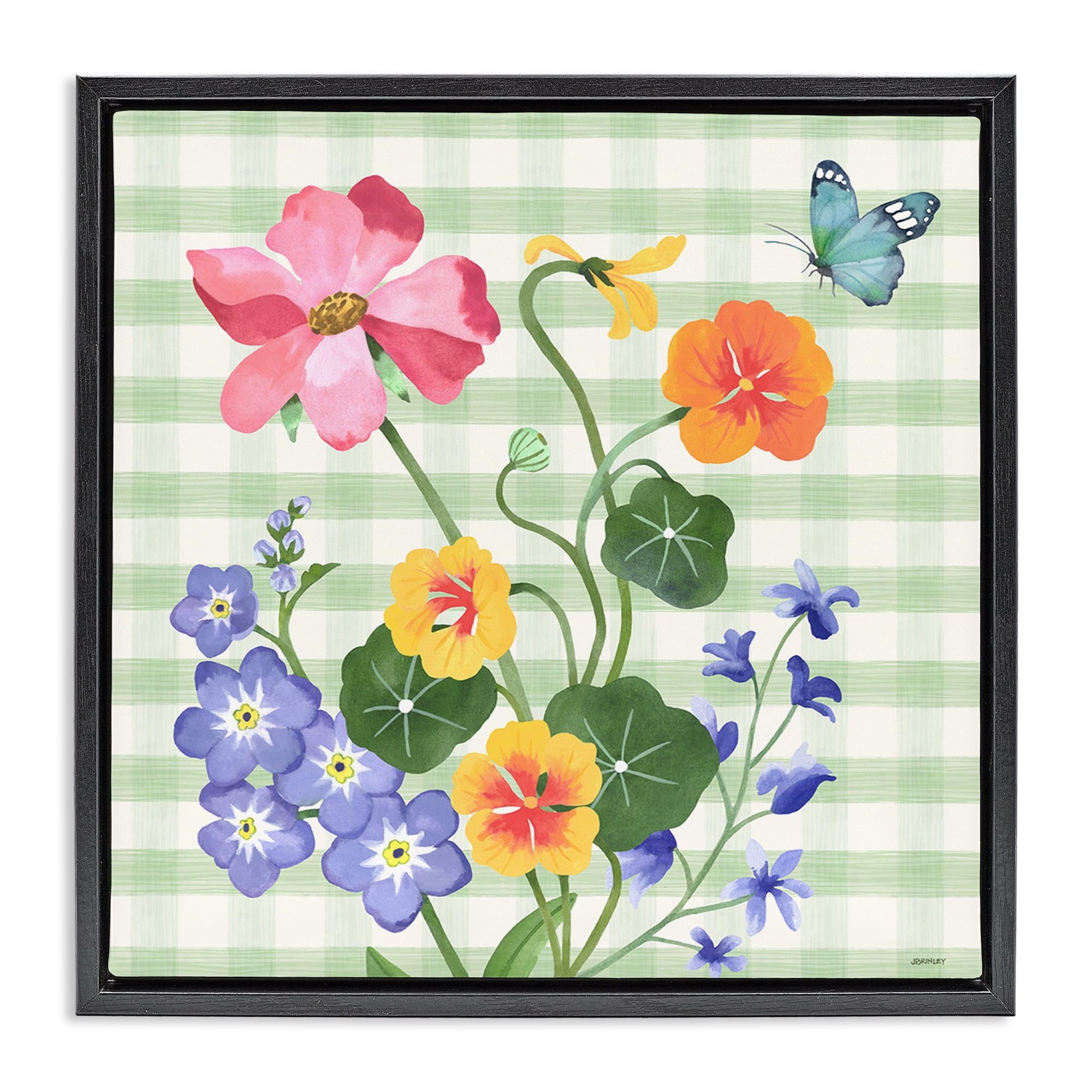 Stupell Industries Gingham Garden Flowers Botanical & Floral Painting Black Floater Framed Canvas Art Print Wall Art, 18 x 18