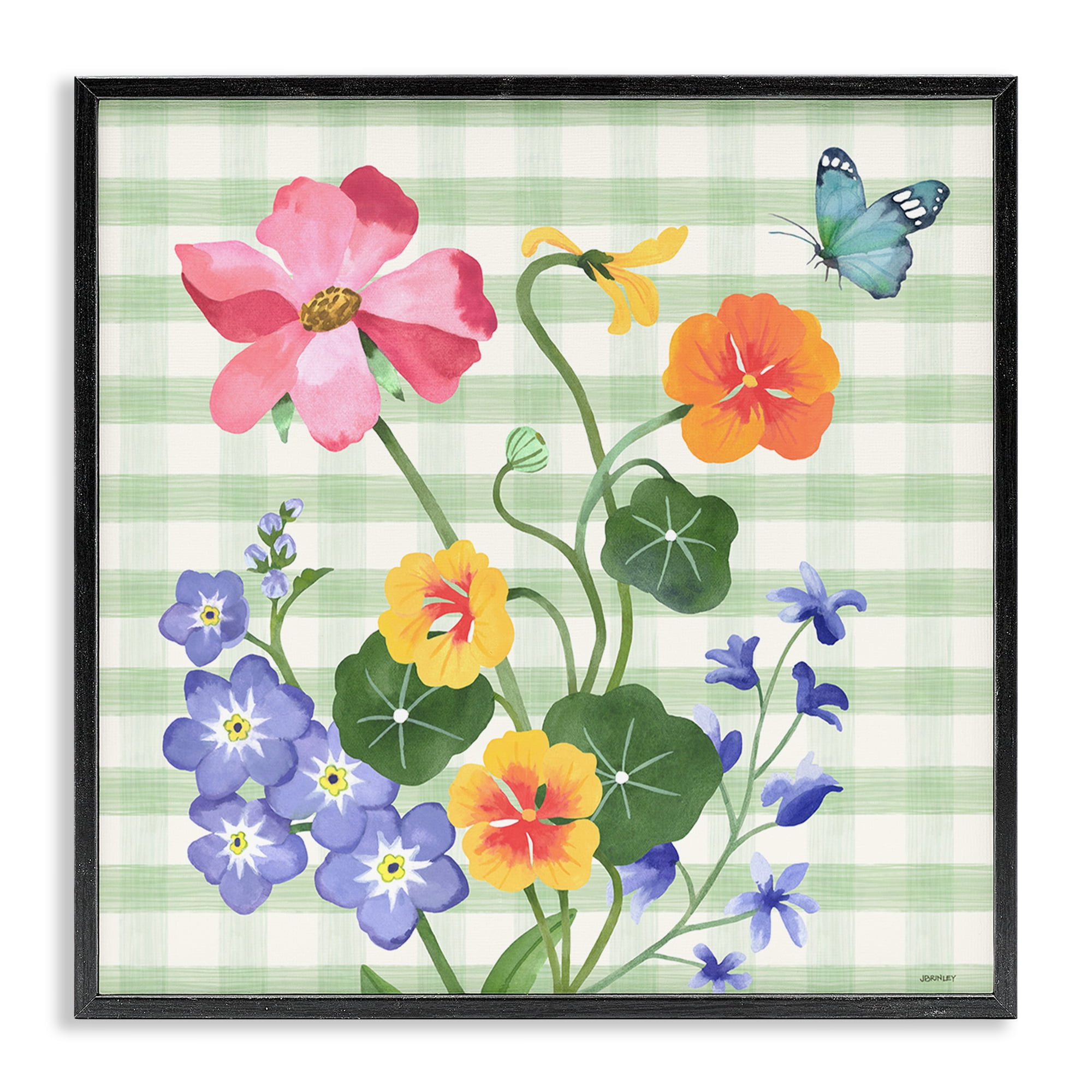 Stupell Industries Gingham Garden Flowers Botanical & Floral Painting Black Framed Art Print Wall Art, 17 x 17