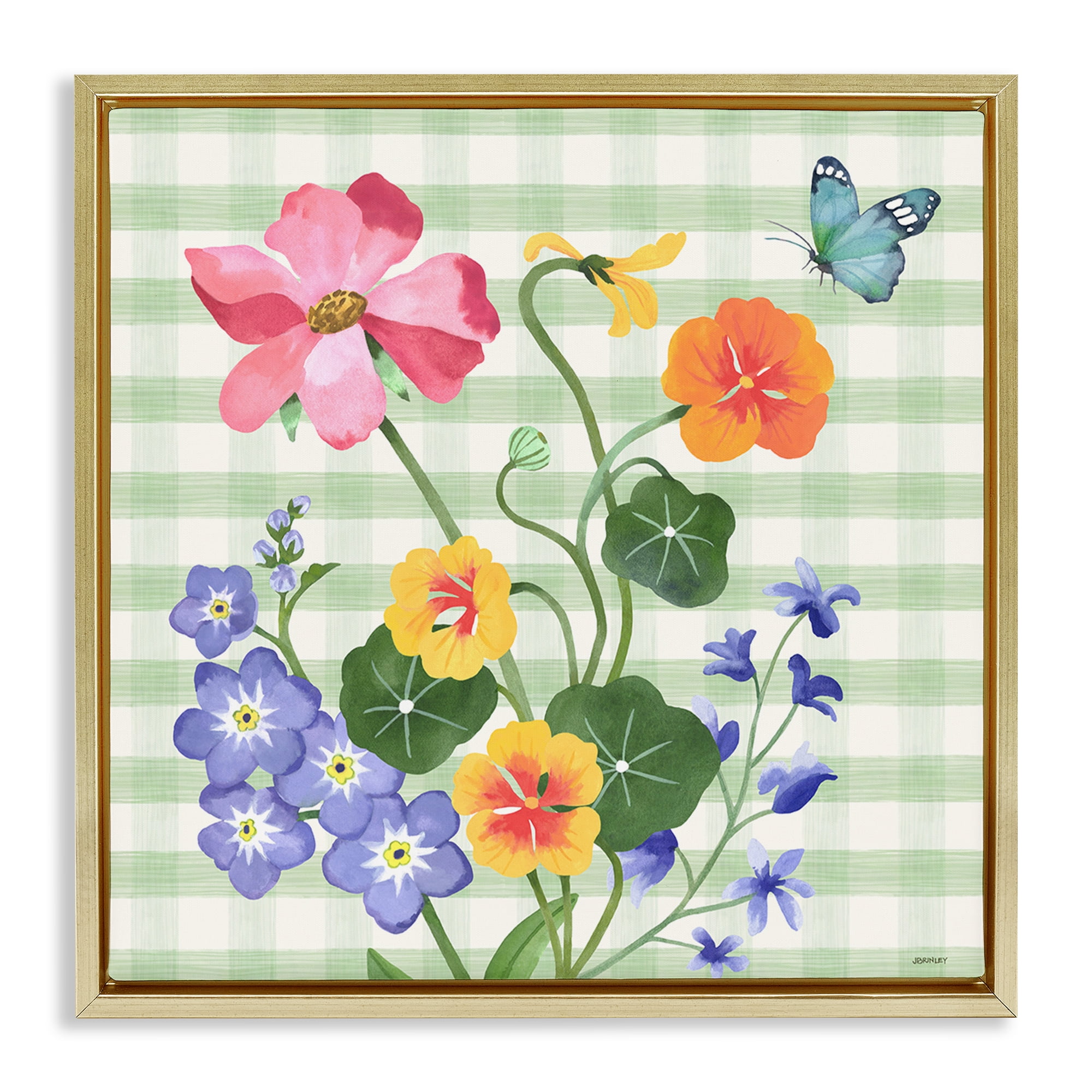 Stupell Industries Gingham Garden Flowers Botanical & Floral Painting Gold Floater Framed Canvas Art Print Wall Art, 18 x 18