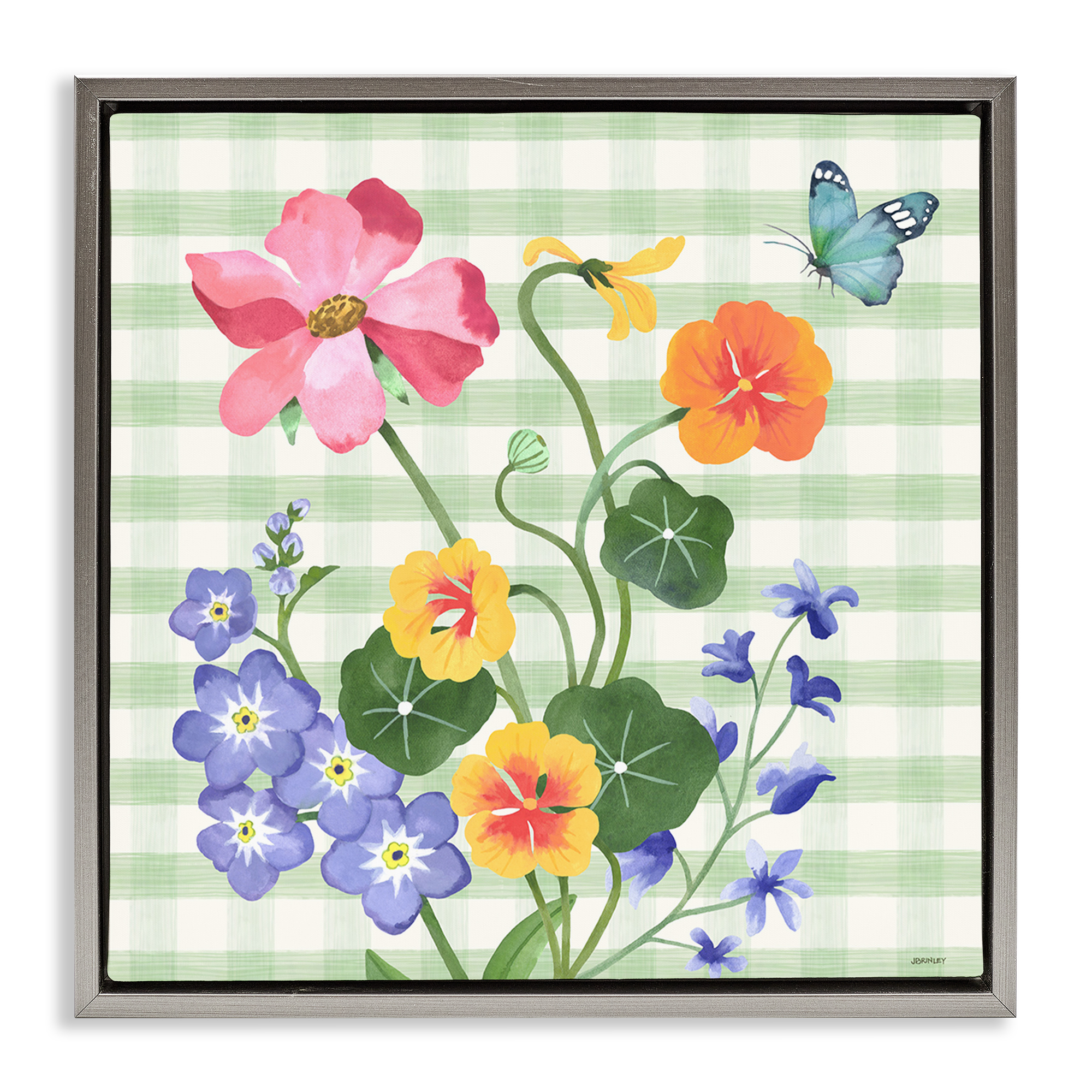 Stupell Industries Gingham Garden Flowers Botanical & Floral Painting Gray Floater Framed Canvas Art Print Wall Art, 18 x 18