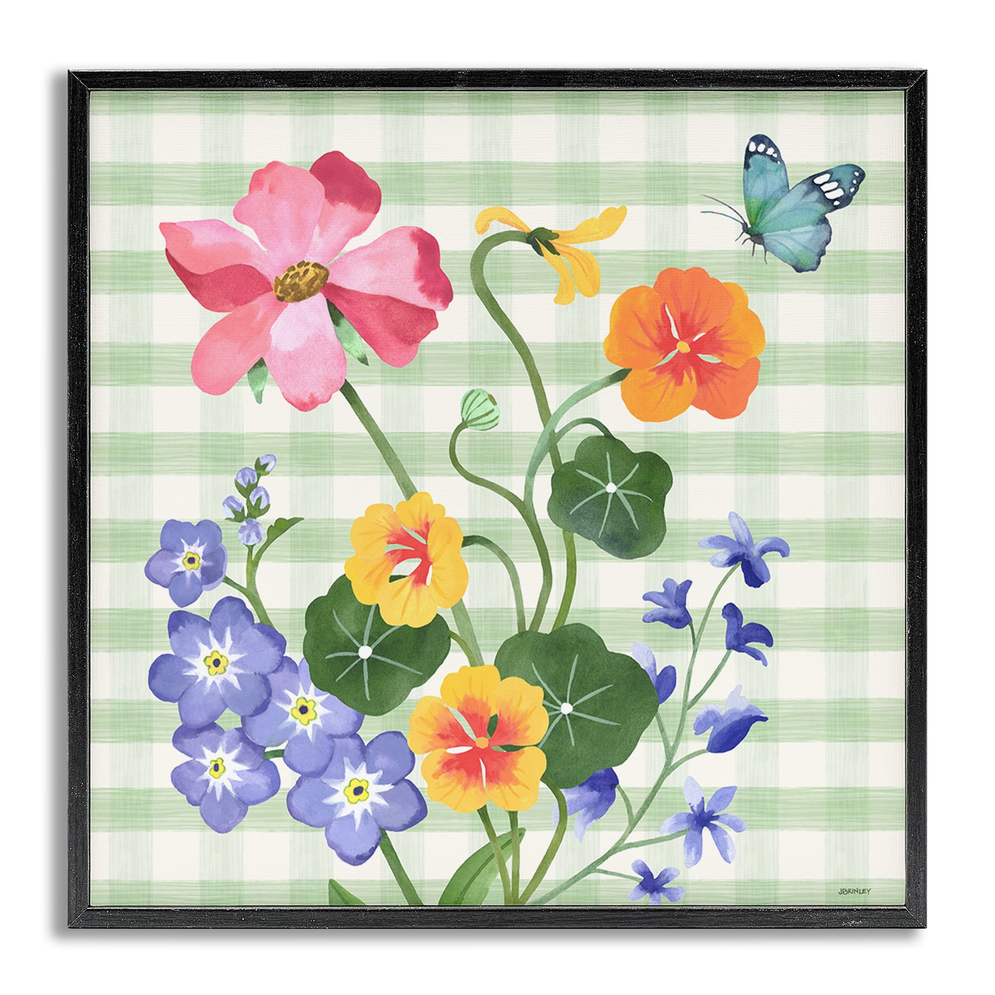Stupell Industries Gingham Garden Flowers Botanical & Floral Painting Gray Framed Art Print Wall Art, 24 x 24