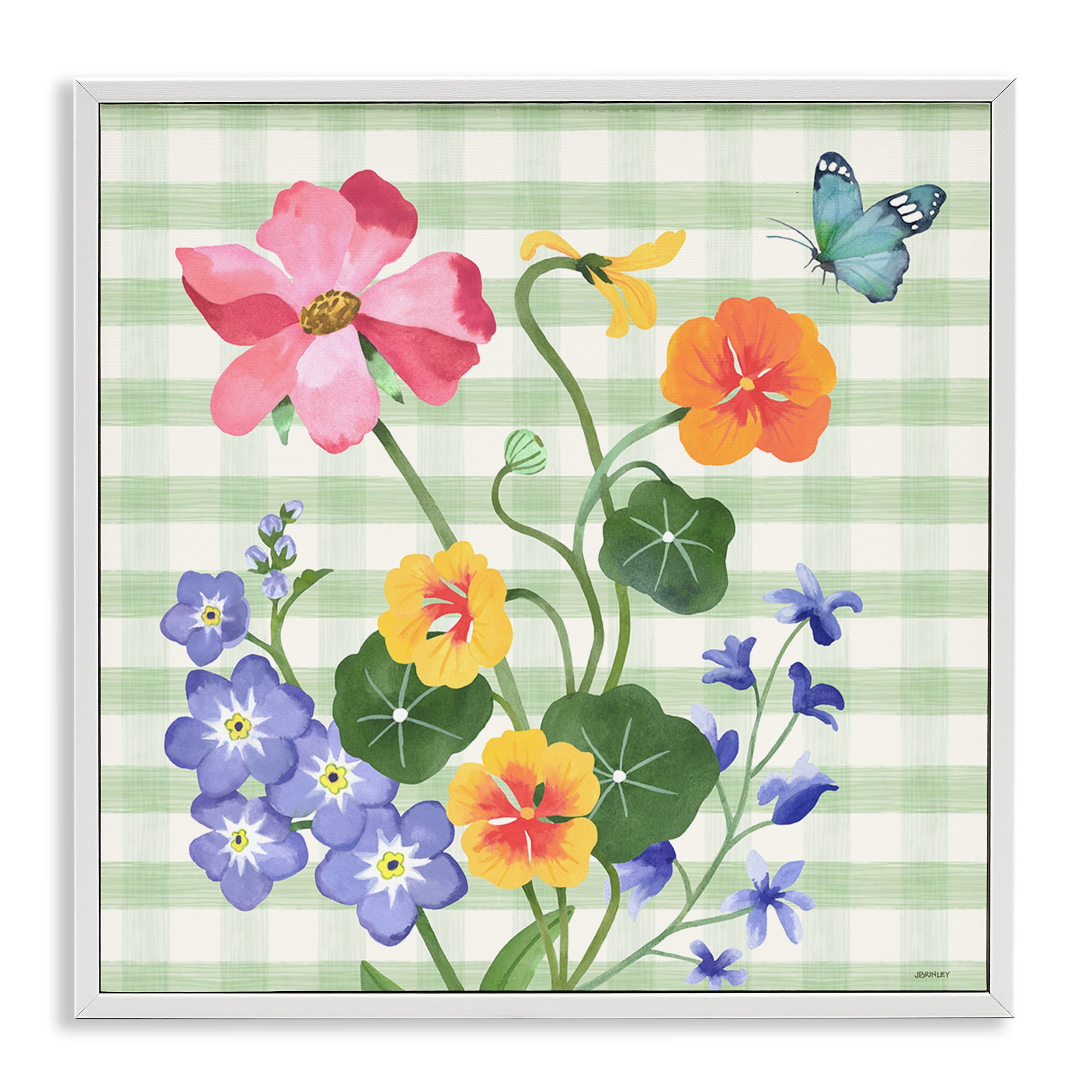 Stupell Industries Gingham Garden Flowers Botanical & Floral Painting White Framed Art Print Wall Art, 17 x 17