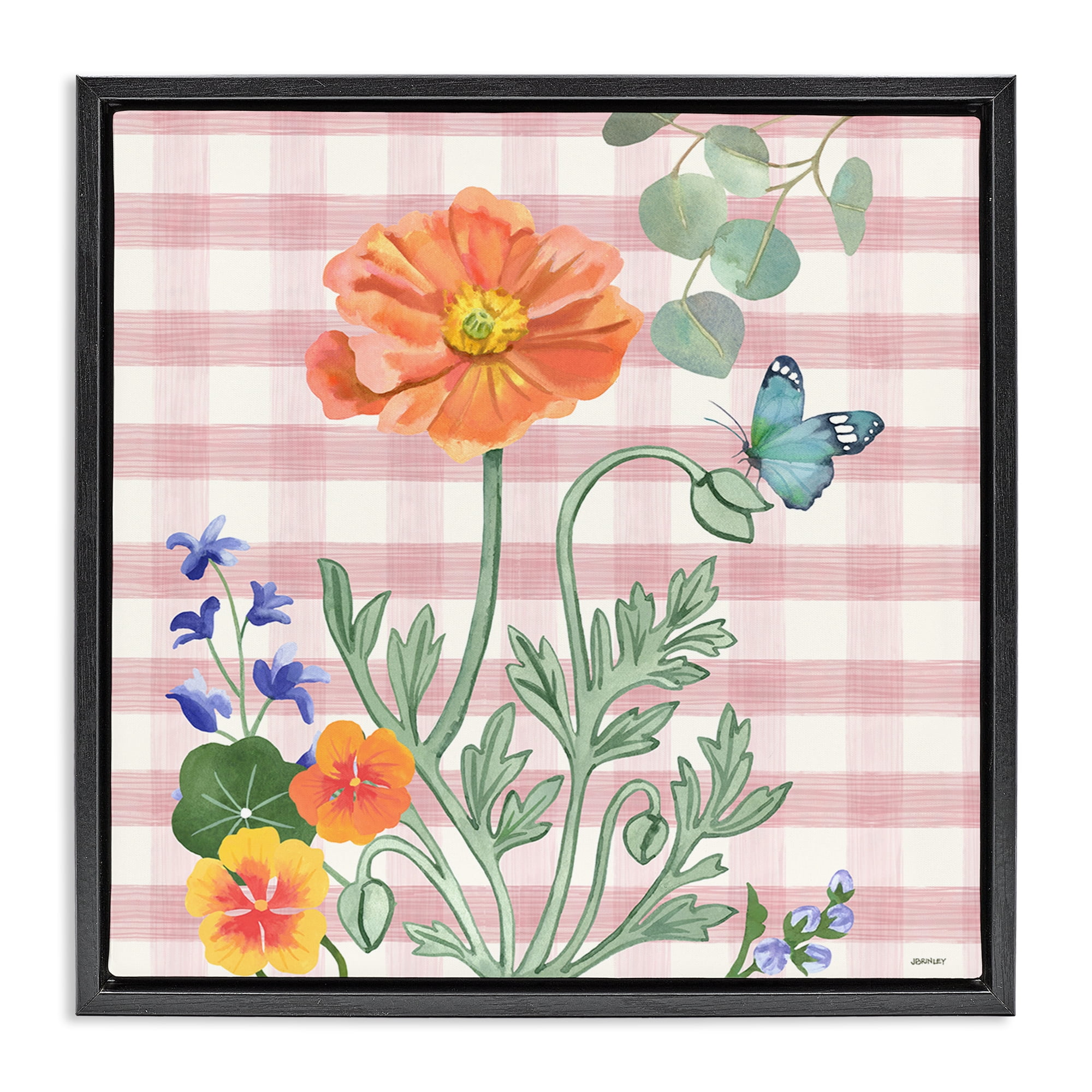 Stupell Industries Gingham Garden Poppy Botanical & Floral Painting Black Floater Framed Canvas Art Print Wall Art, 18 x 18