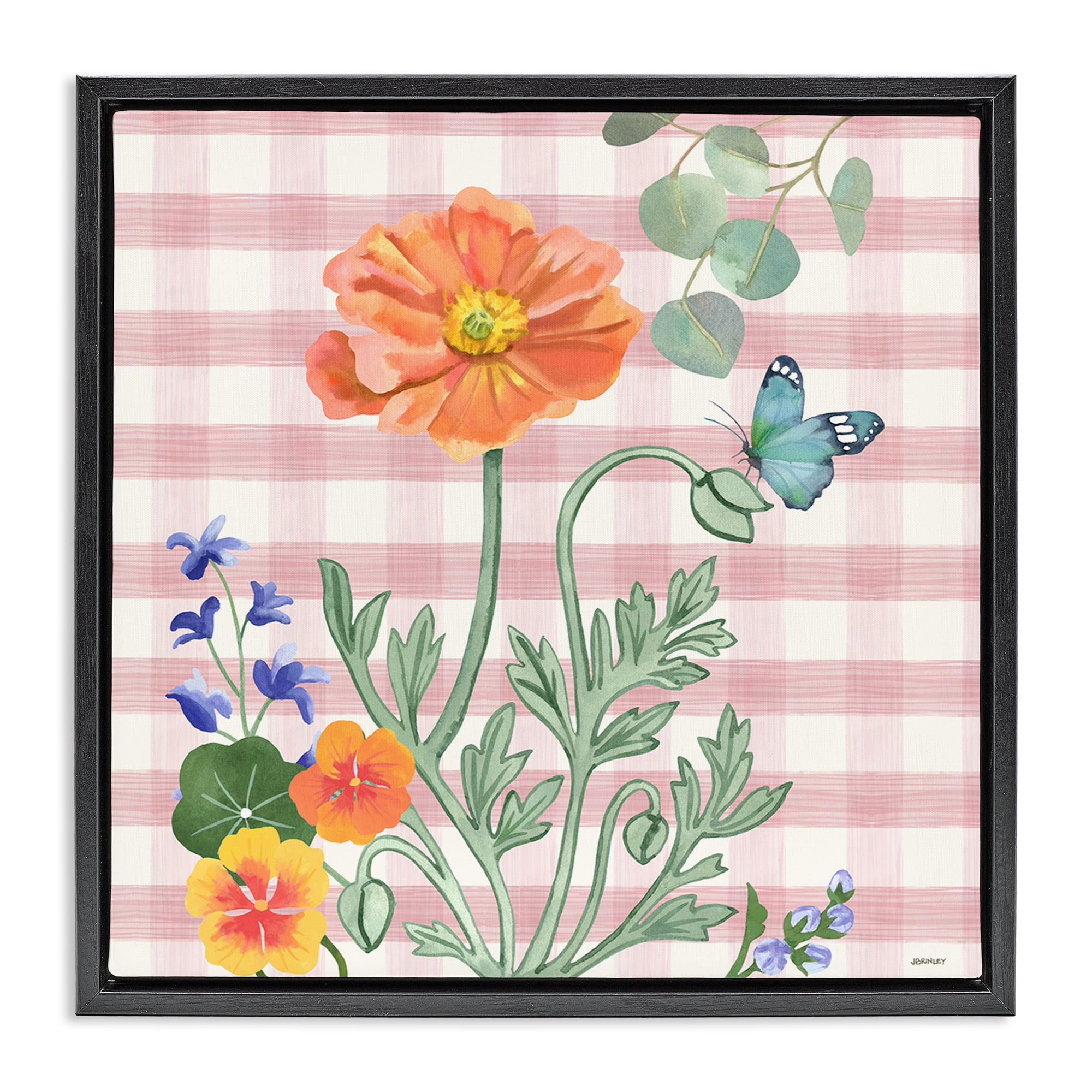 Stupell Industries Gingham Garden Poppy Botanical & Floral Painting Black Floater Framed Canvas Art Print Wall Art, 25 x 25