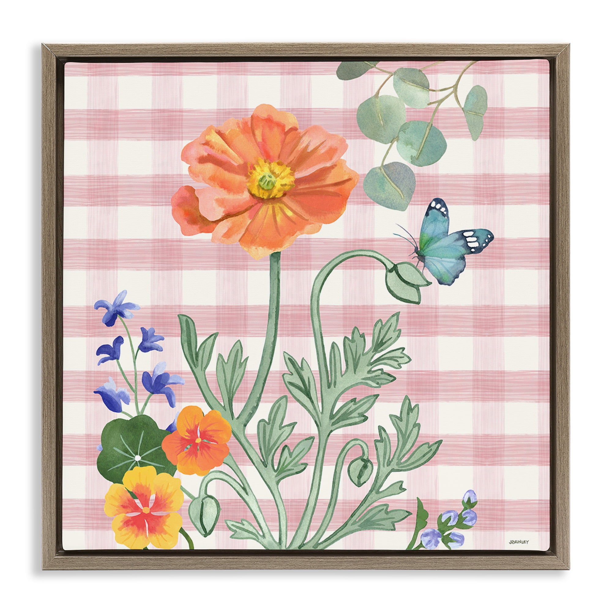 Stupell Industries Gingham Garden Poppy Botanical & Floral Painting Brown Floater Framed Canvas Art Print Wall Art, 18 x 18