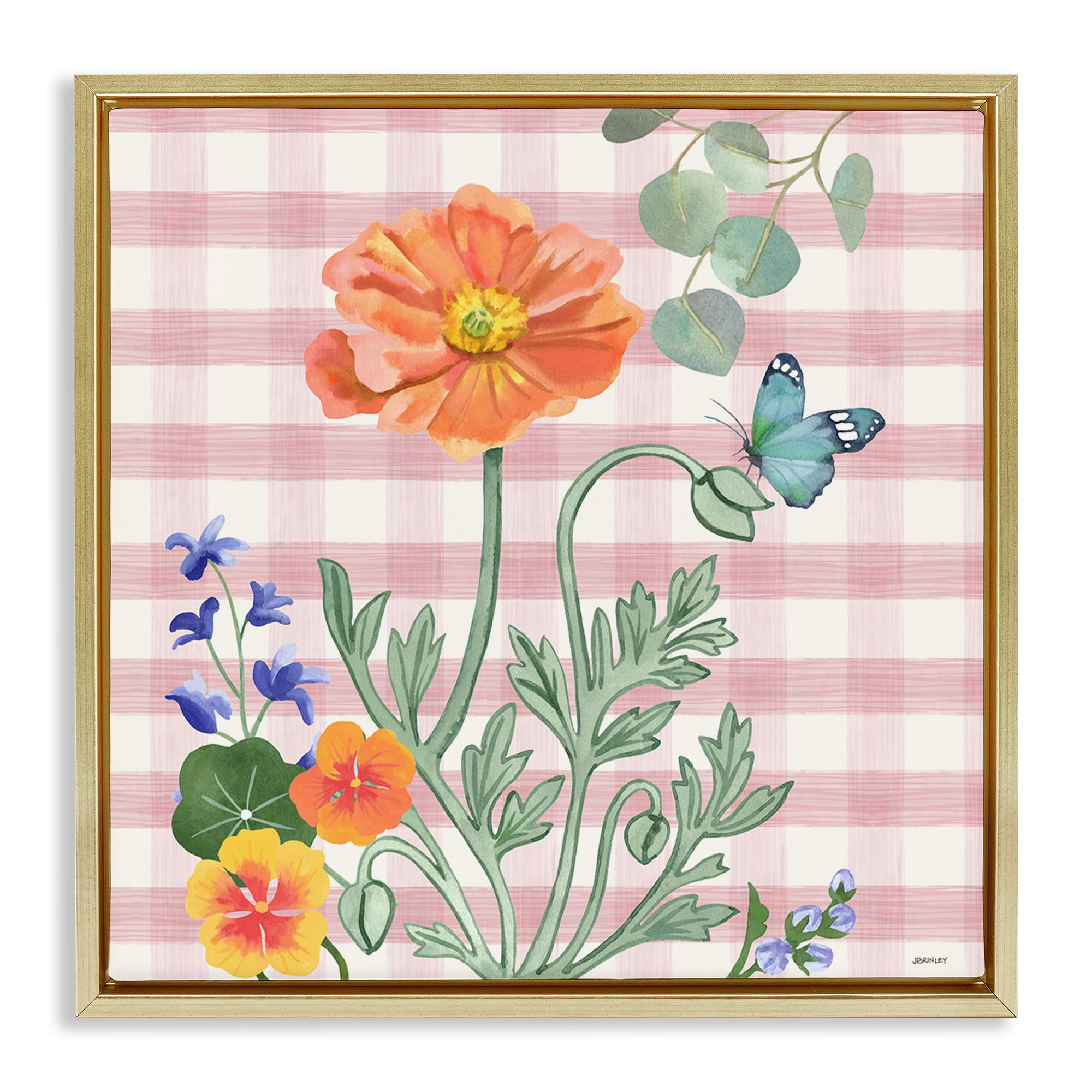Stupell Industries Gingham Garden Poppy Botanical & Floral Painting Gold Floater Framed Canvas Art Print Wall Art, 25 x 25