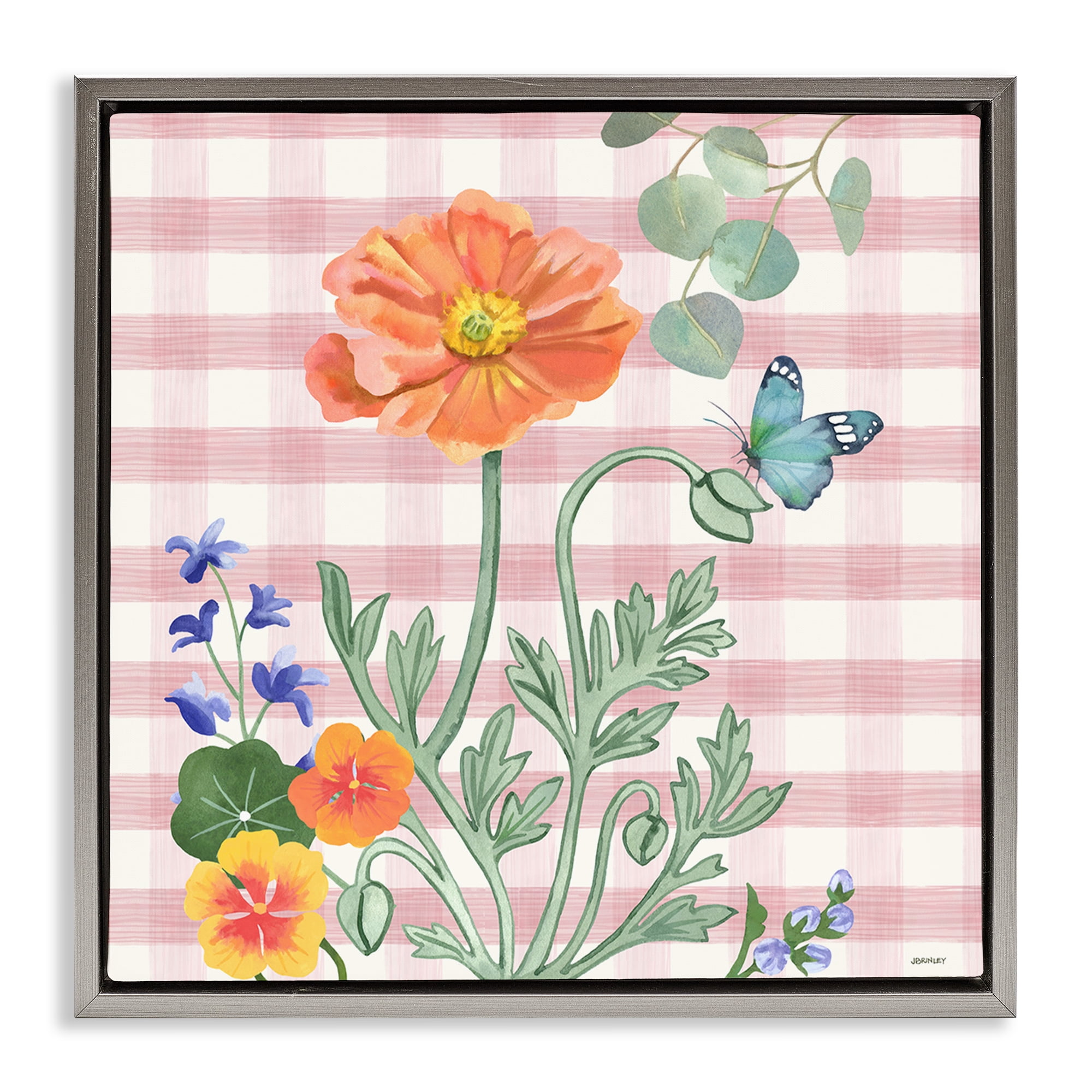 Stupell Industries Gingham Garden Poppy Botanical & Floral Painting Gray Floater Framed Canvas Art Print Wall Art, 25 x 25