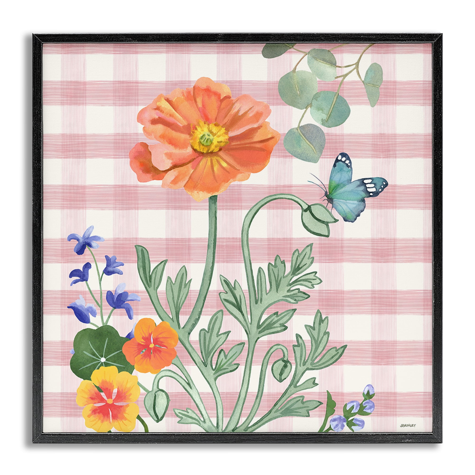 Stupell Industries Gingham Garden Poppy Botanical & Floral Painting Gray Framed Art Print Wall Art, 17 x 17