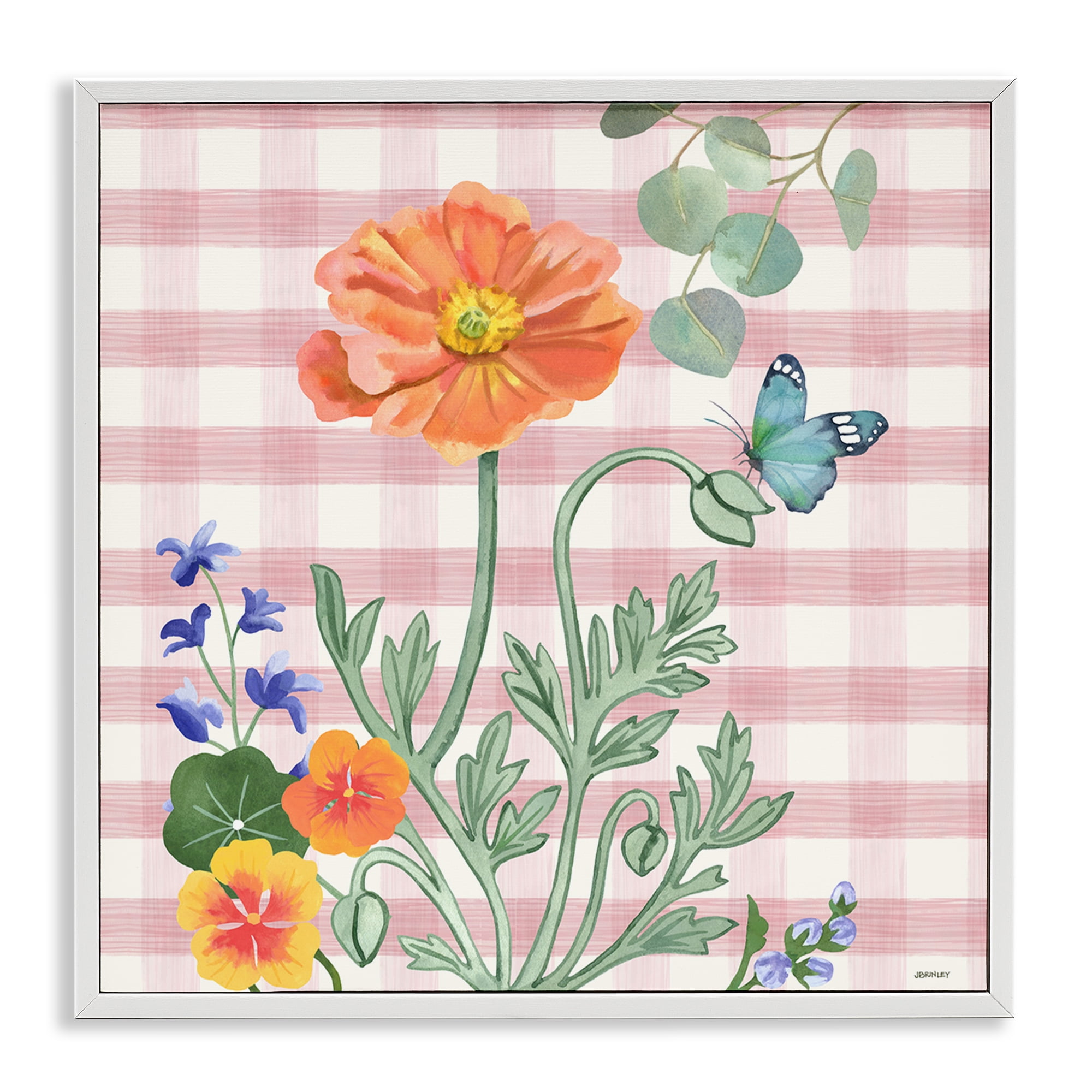 Stupell Industries Gingham Garden Poppy Botanical & Floral Painting White Framed Art Print Wall Art, 17 x 17