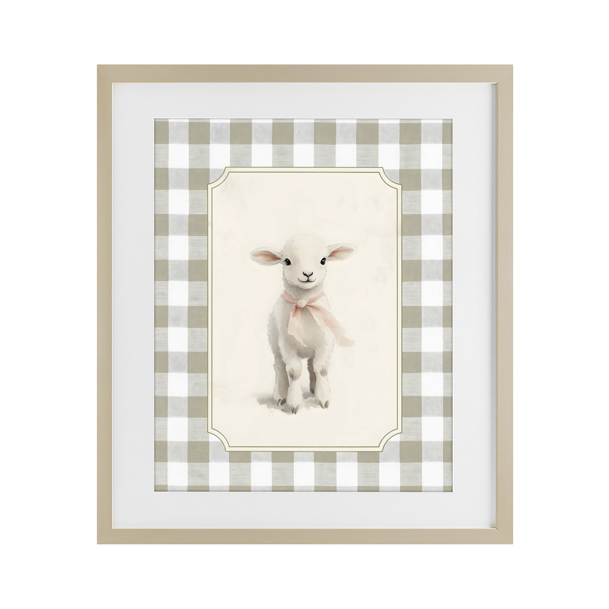 Stupell Industries Gingham Lamb with Pink Ribbon Birch Framed Print Under Glass, design by Arlington Prints
