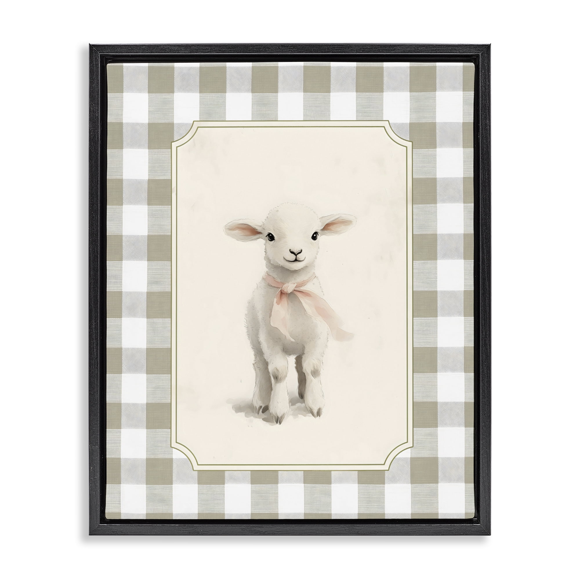 Stupell Industries Gingham Lamb with Pink Ribbon Black Framed Floater Canvas Wall Art, design by Arlington Prints
