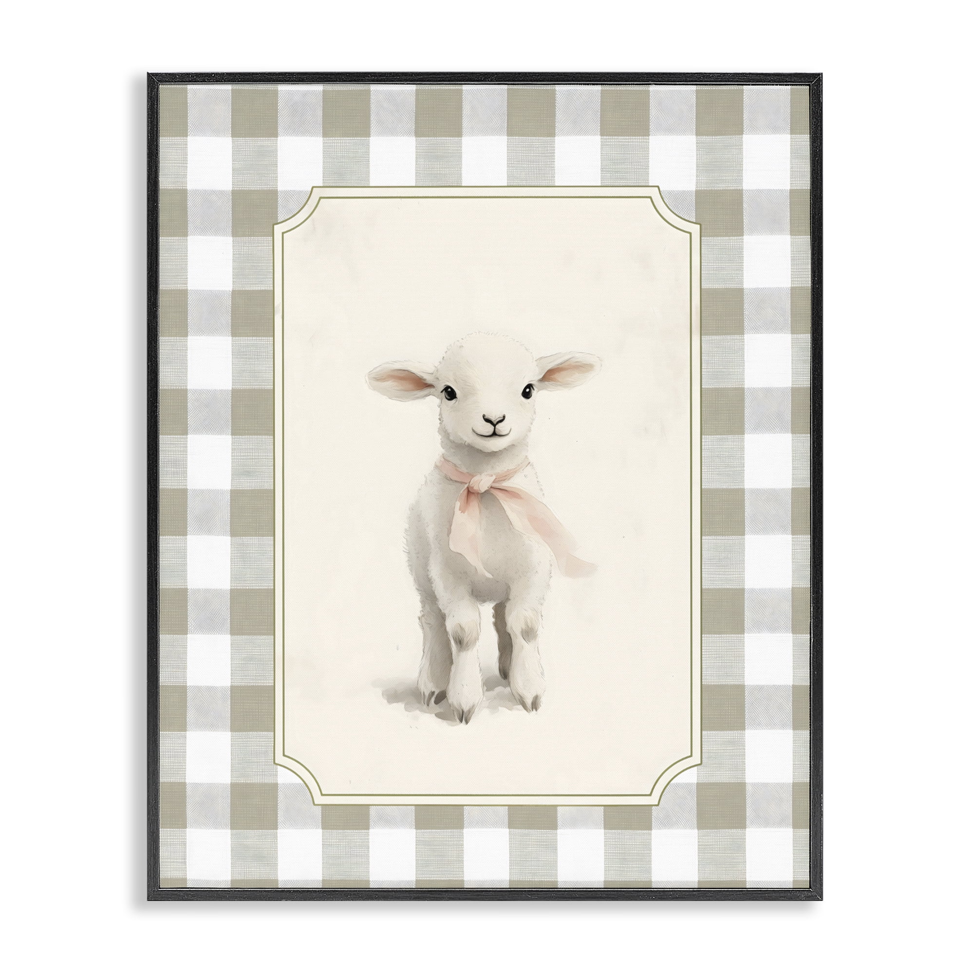 Stupell Industries Gingham Lamb with Pink Ribbon Black Framed Giclee Art, design by Arlington Prints