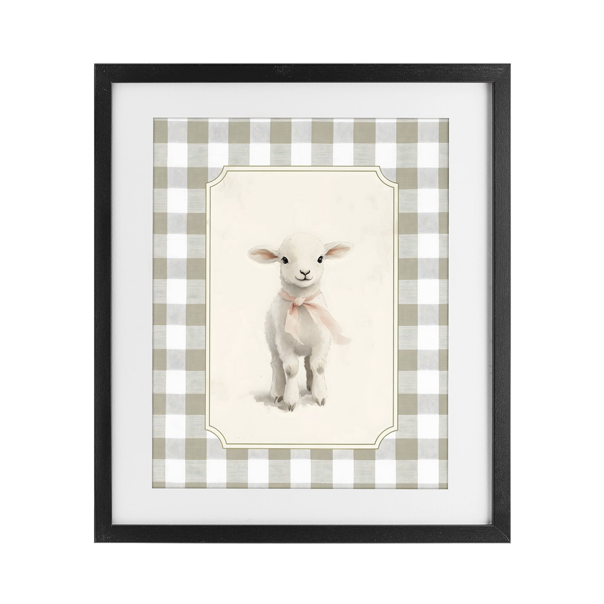 Stupell Industries Gingham Lamb with Pink Ribbon Black Framed Print Under Glass, design by Arlington Prints
