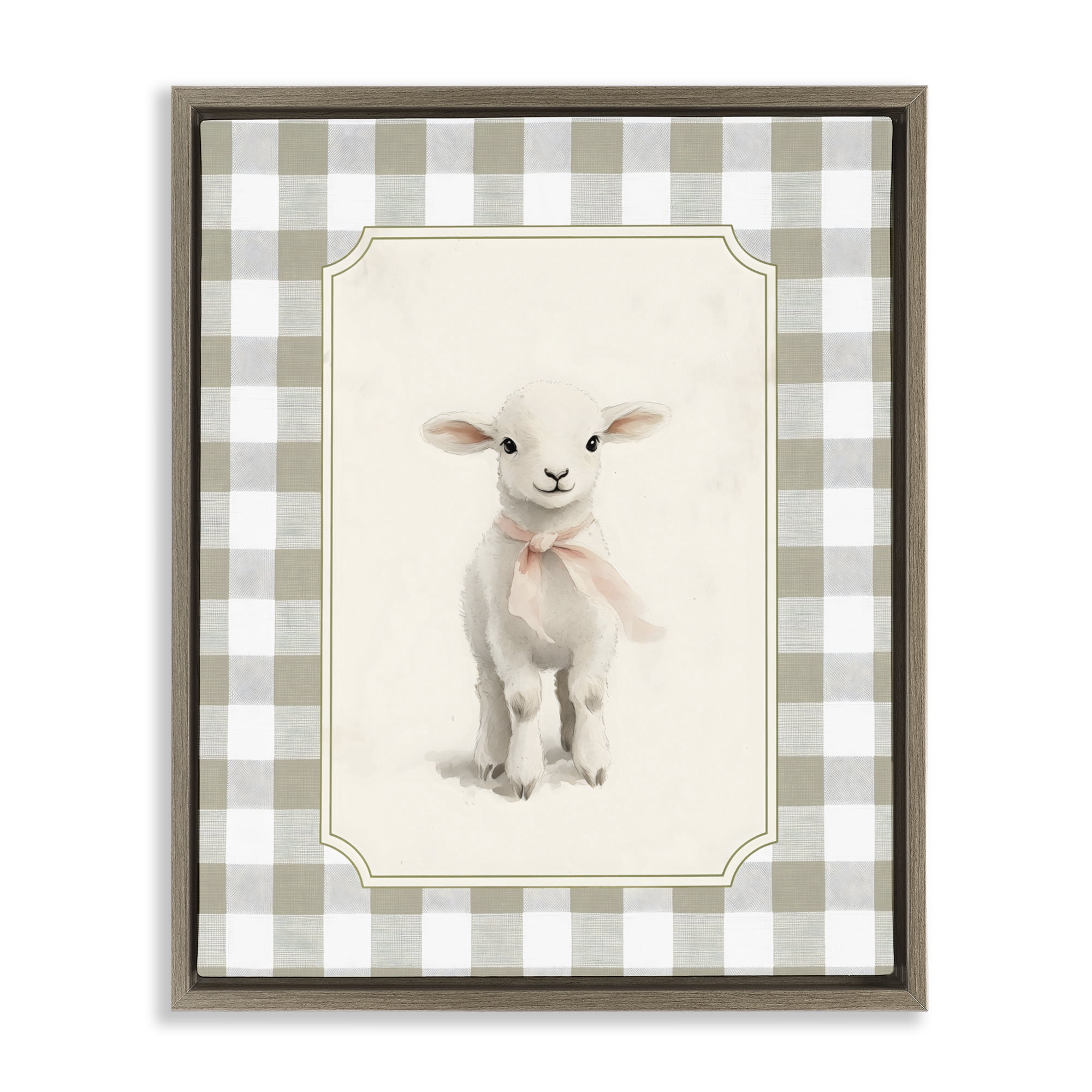 Stupell Industries Gingham Lamb with Pink Ribbon Brown Framed Floater Canvas Wall Art, design by Arlington Prints