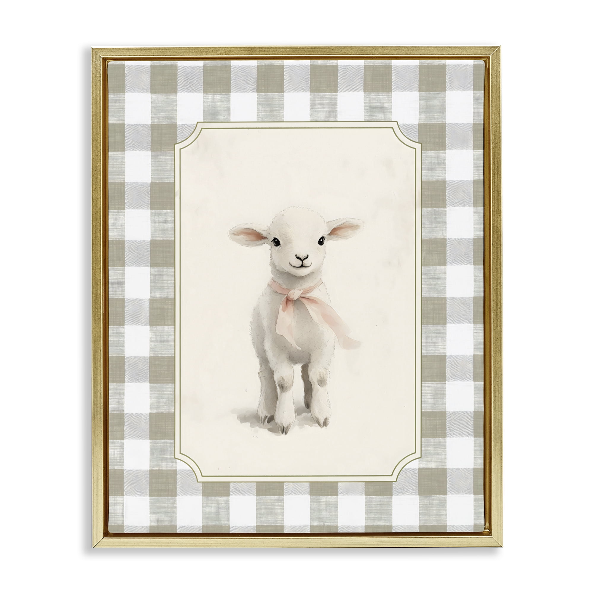 Stupell Industries Gingham Lamb with Pink Ribbon Gold Framed Floater Canvas Wall Art, design by Arlington Prints