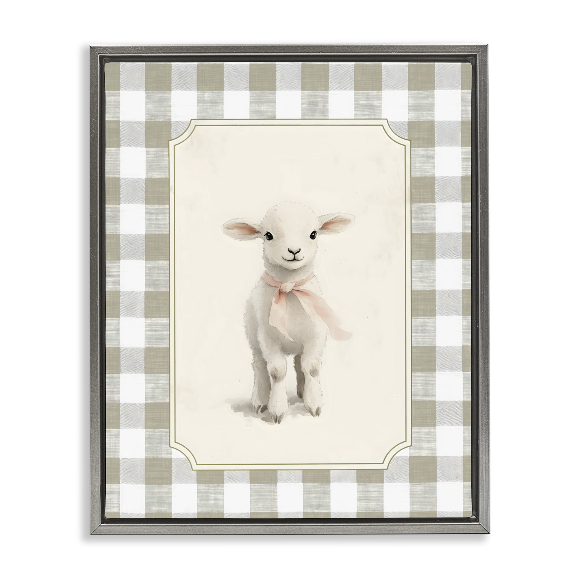 Stupell Industries Gingham Lamb with Pink Ribbon Gray Framed Floater Canvas Wall Art, design by Arlington Prints