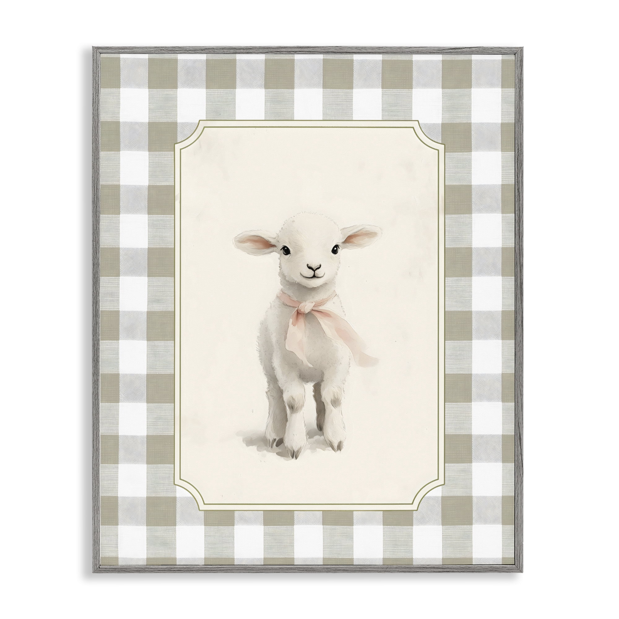 Stupell Industries Gingham Lamb with Pink Ribbon Gray Framed Giclee Art, design by Arlington Prints