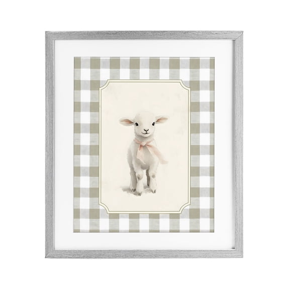 Stupell Industries Shabby Chic Gingham Lamb with Pink Ribbon Gray Framed Print Under Glass, 13 x 16, by Arlington Prints