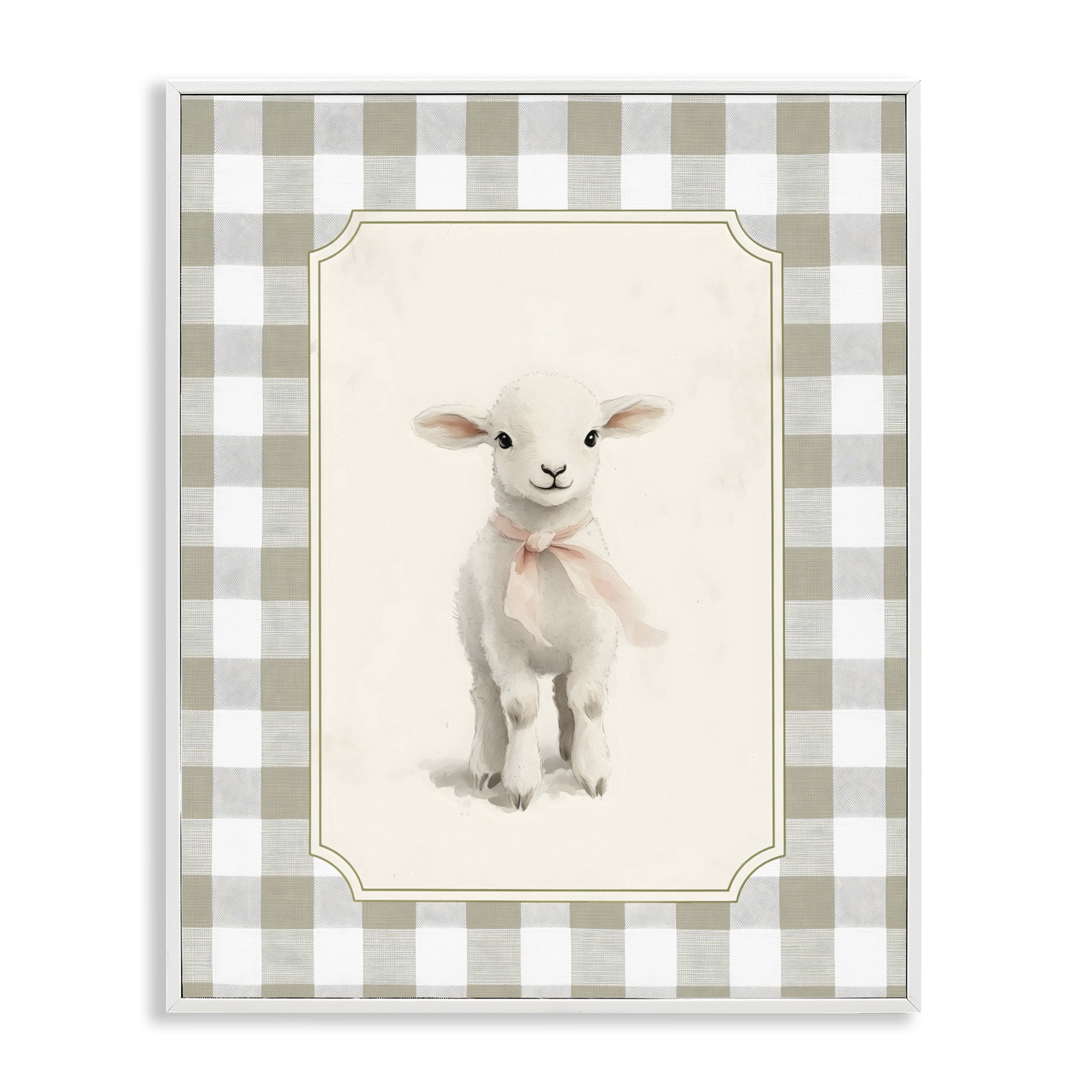 Stupell Industries Gingham Lamb with Pink Ribbon White Framed Giclee Art, design by Arlington Prints