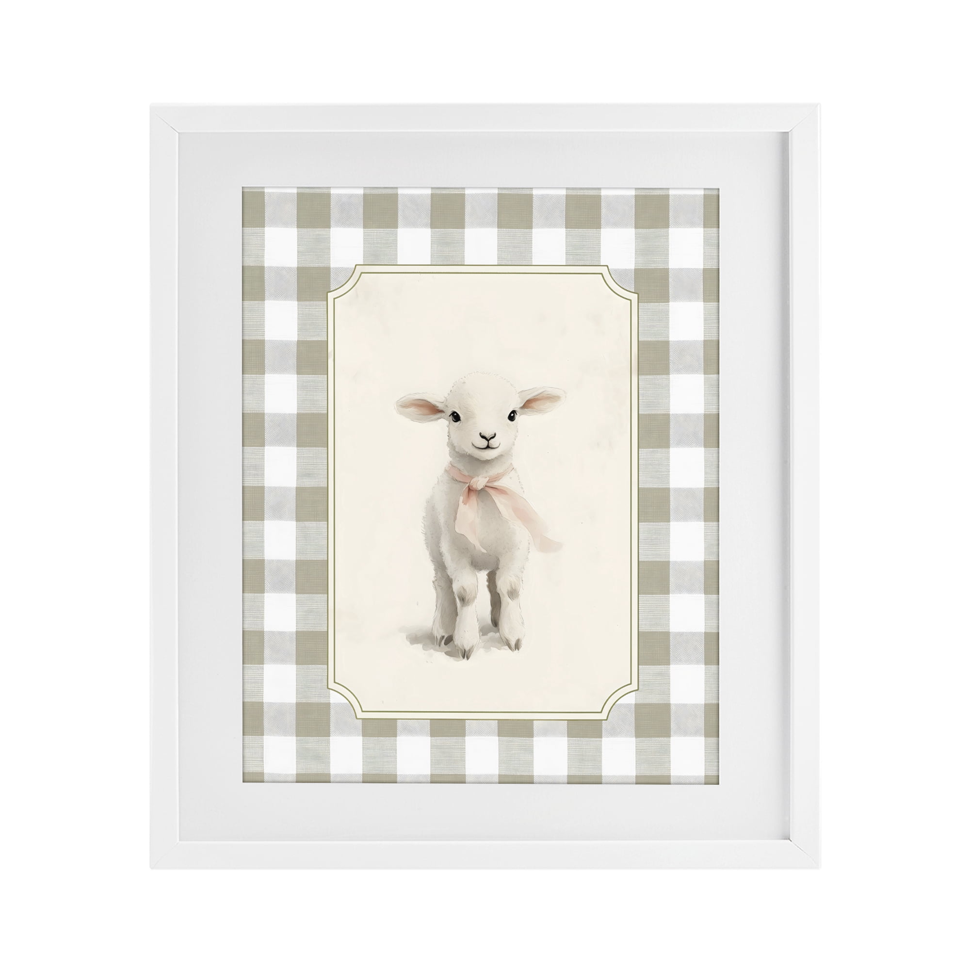 Stupell Industries Gingham Lamb with Pink Ribbon White Framed Print Under Glass, design by Arlington Prints