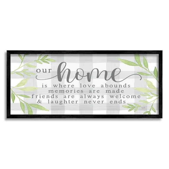 Stupell Industries Gingham Our Home Phrase Botanical & Floral Painting Black Framed Art Print Wall Art, 24 x 10