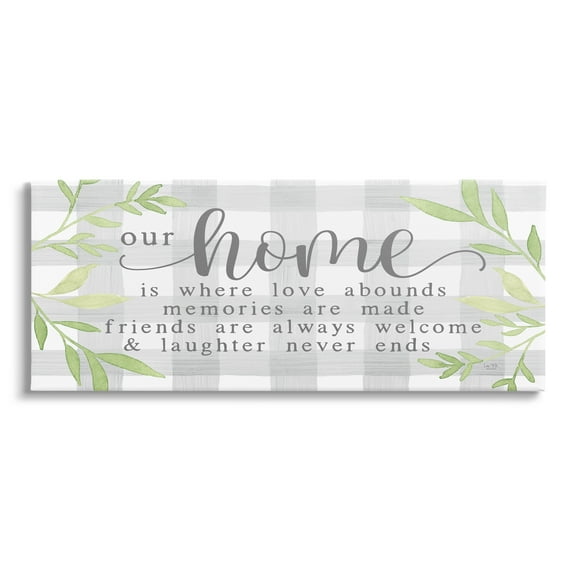 Stupell Industries Gingham Our Home Phrase Botanical & Floral Painting Gallery Wrapped Canvas Print Wall Art, 30 x 13