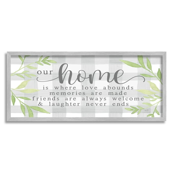 Stupell Industries Gingham Our Home Phrase Botanical & Floral Painting Gray Framed Art Print Wall Art, 30 x 13