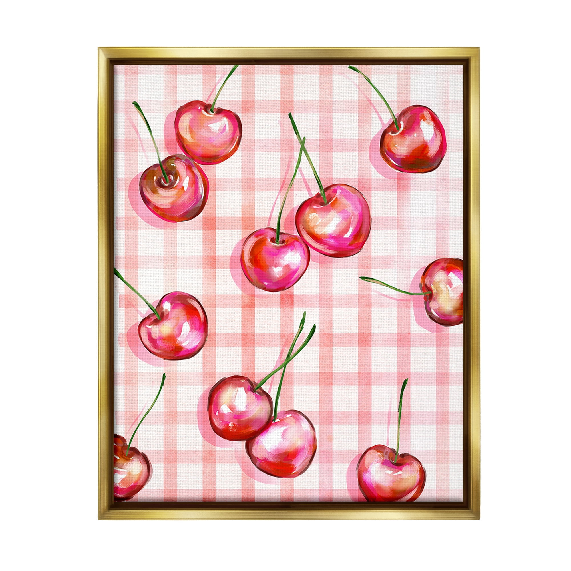 Stupell Industries Gingham Pattern Cherries Food & Beverage Painting Gold Floater Framed Canvas Art Print Wall Art, 17 x 21