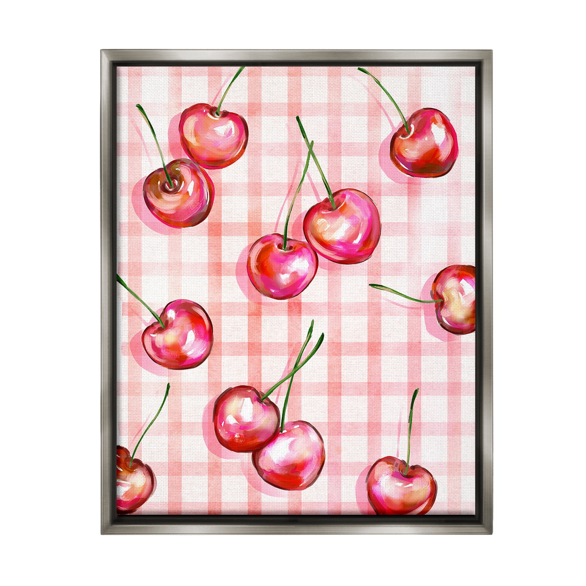 Stupell Industries Gingham Pattern Cherries Food & Beverage Painting Gray Floater Framed Canvas Art Print Wall Art, 17 x 21