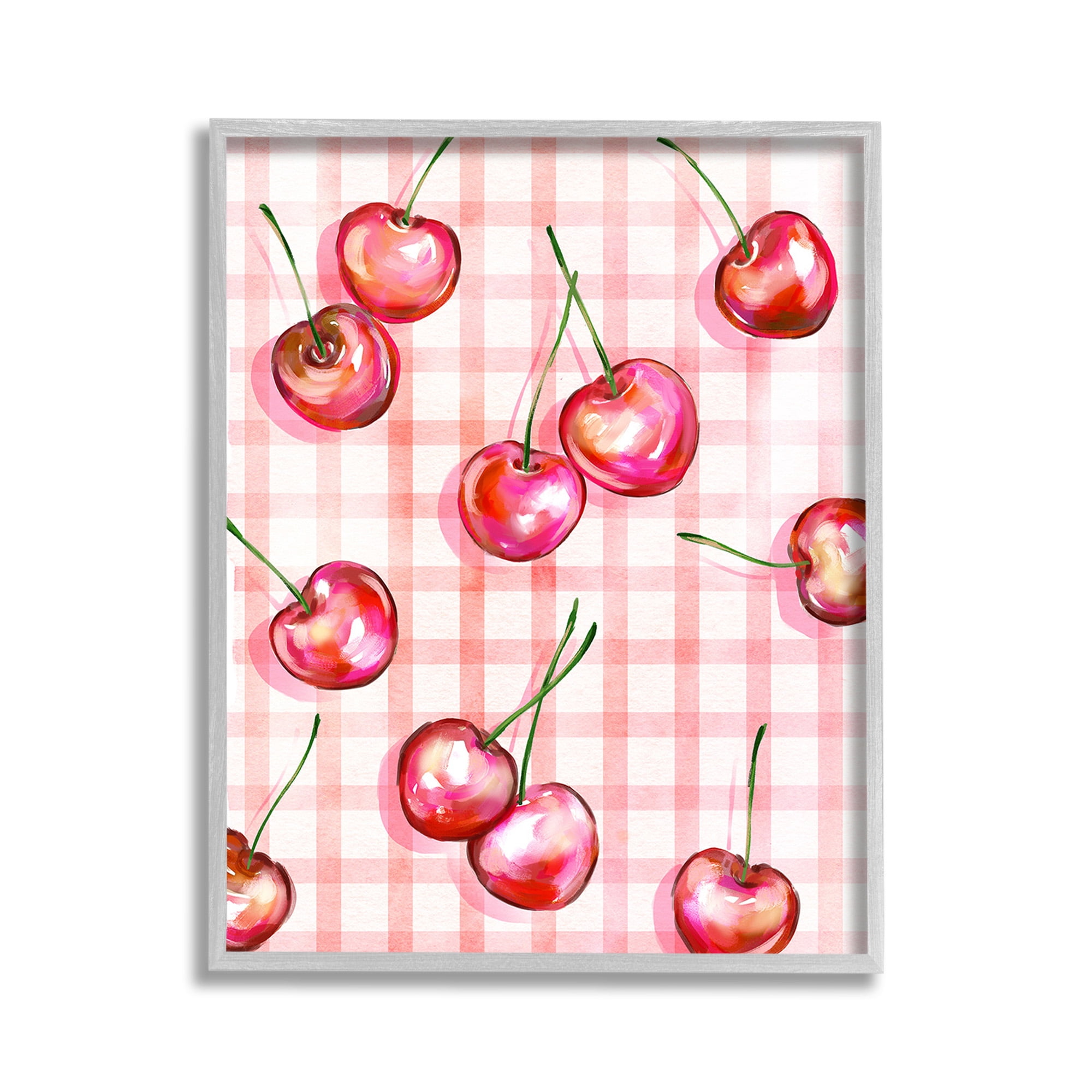 Stupell Industries Gingham Pattern Cherries Food & Beverage Painting Gray Framed Art Print Wall Art, 11 x 14