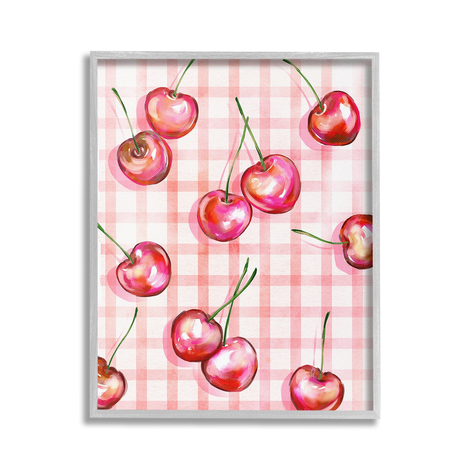 Stupell Industries Gingham Pattern Cherries Food & Beverage Painting Gray Framed Art Print Wall Art, 24 x 30