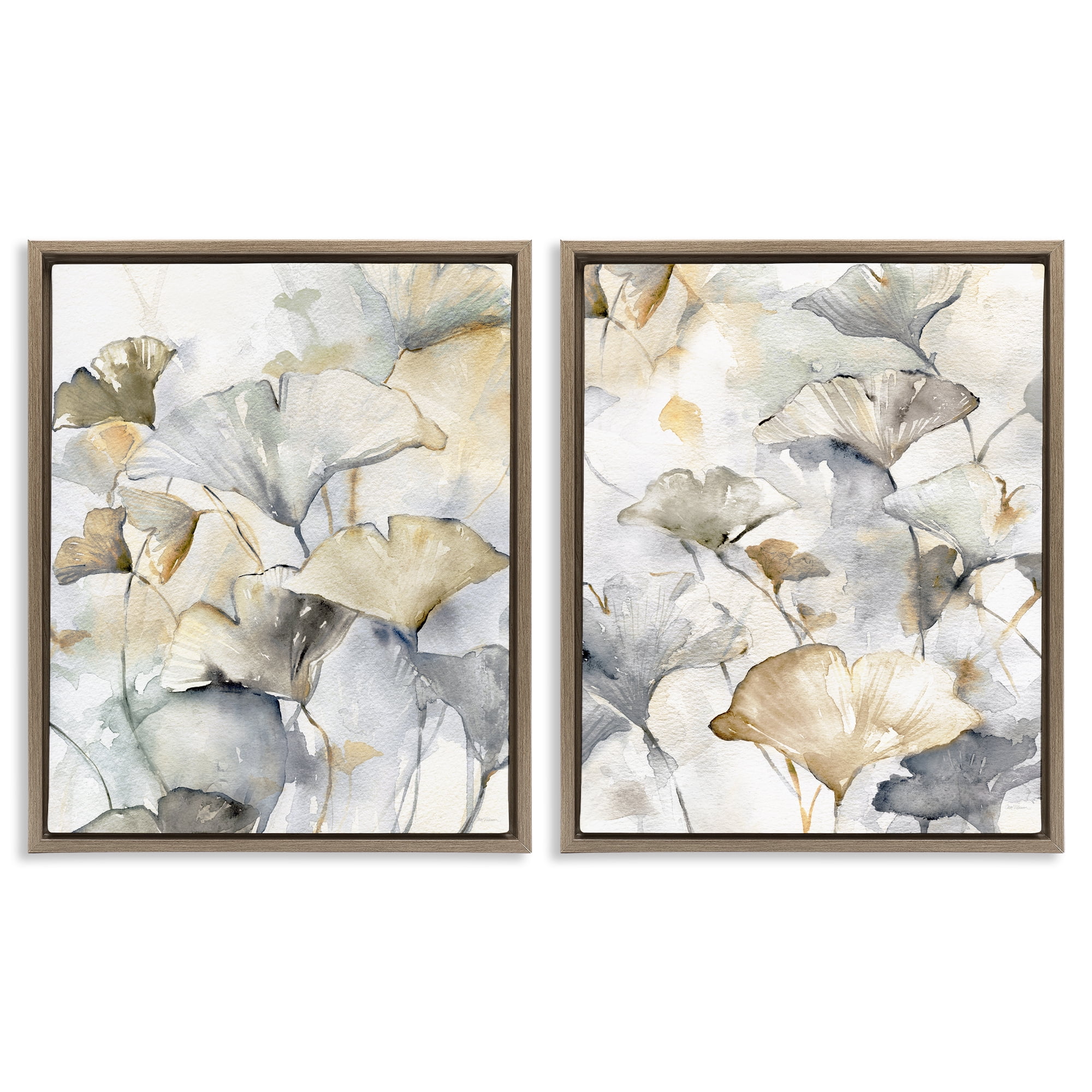 Stupell Industries Gingko Leaves in Layers Plants & Flowers Painting Brown Floater Framed Canvas Art Print Wall Art, 31 x 25, Set of 2