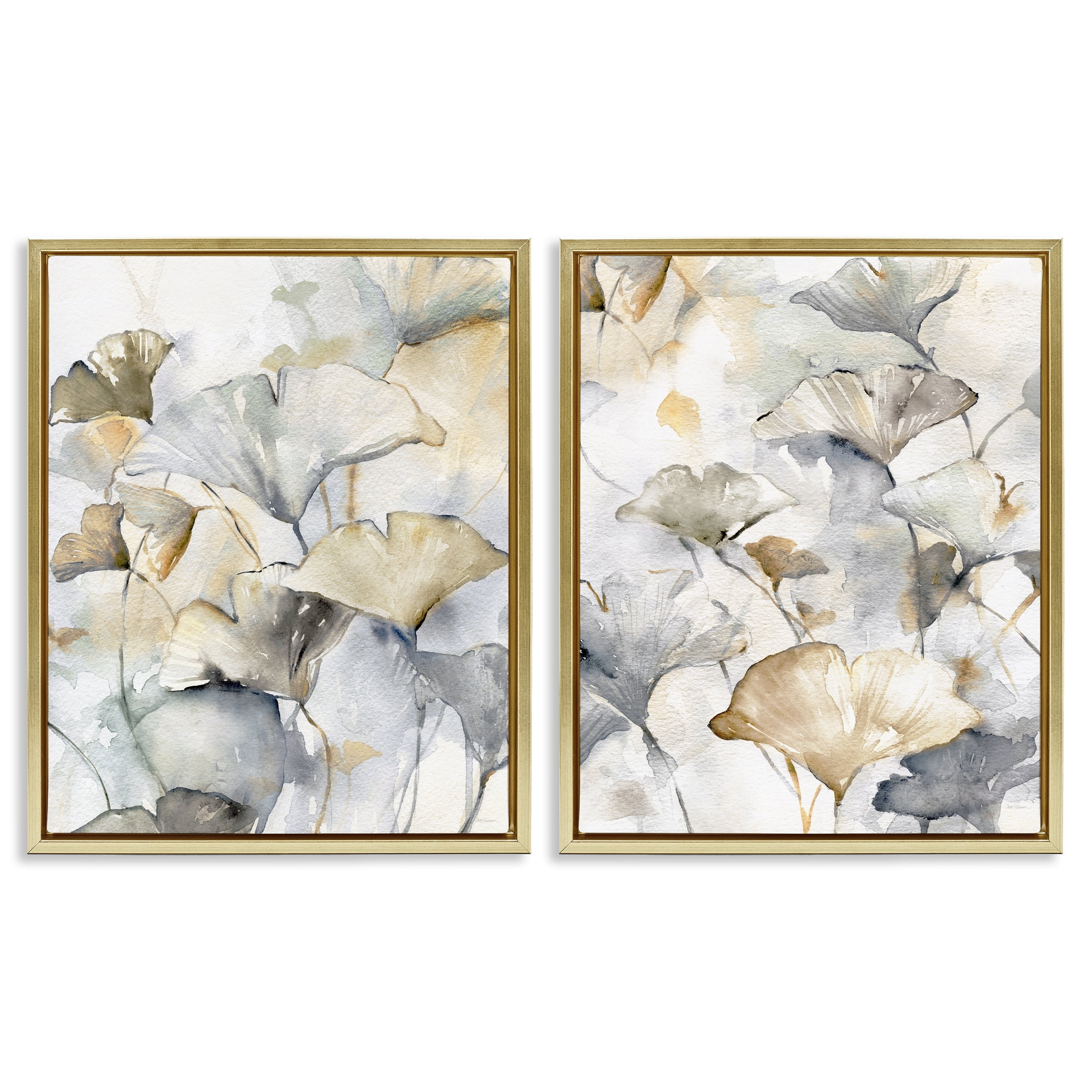 Stupell Industries Gingko Leaves in Layers Plants & Flowers Painting Gold Floater Framed Canvas Art Print Wall Art, 17 x 21, Set of 2