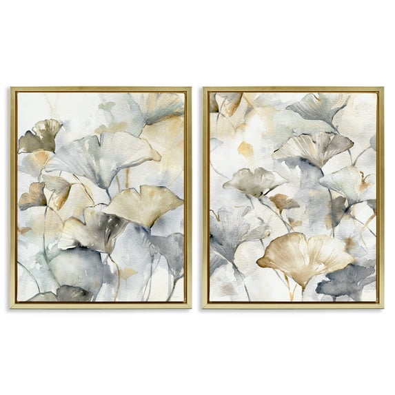 Stupell Industries Gingko Leaves in Layers Plants & Flowers Painting Gold Floater Framed Canvas Art Print Wall Art, 31 x 25, Set of 2