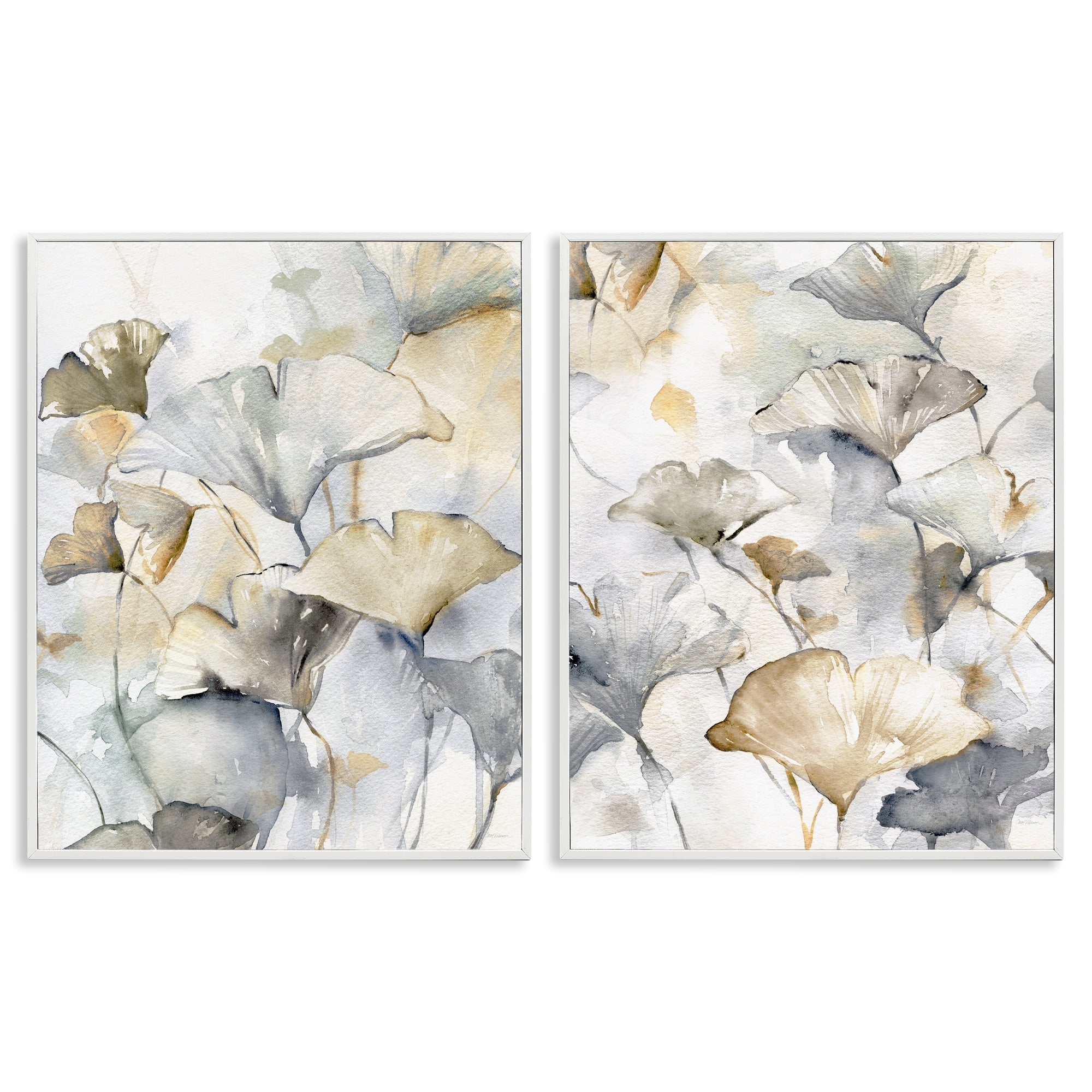 Stupell Industries Gingko Leaves in Layers Plants & Flowers Painting White Framed Art Print Wall Art, 11 x 14, Set of 2