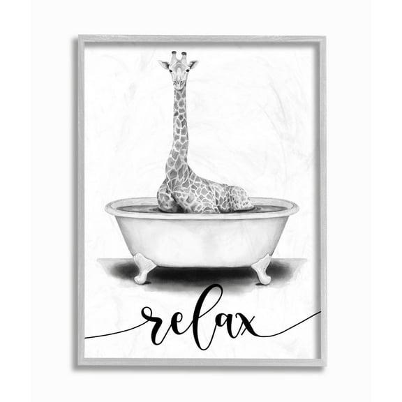 Stupell Industries Giraffe Bathroom Sketch Bath Relaxation Animal Design Framed Wall Art Design by Rachel Nieman, 11" x 14", Gray Framed