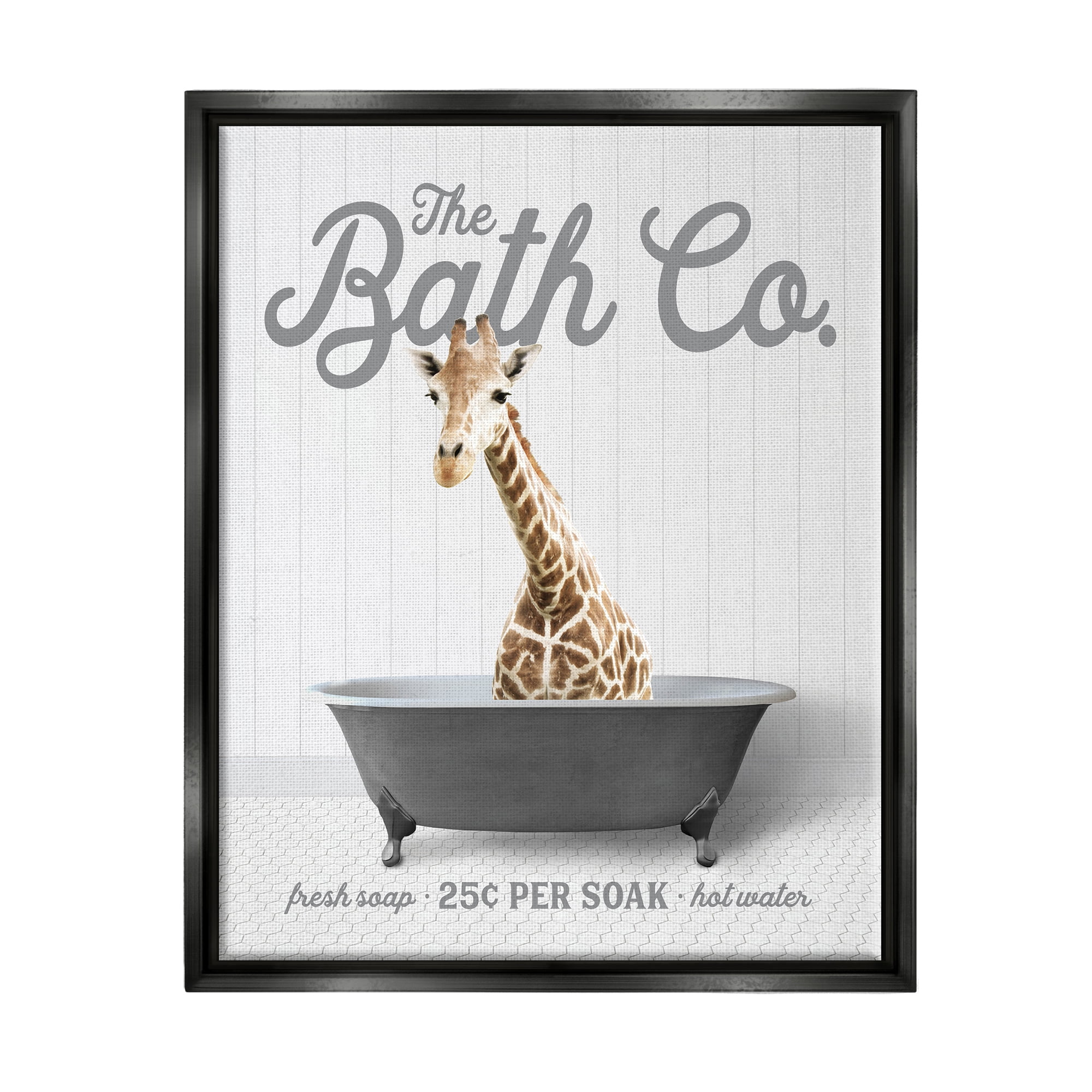 Stupell Industries Giraffe Bathroom Tub Animals & Insects Painting Black Floater Framed Art Print Wall Art, 25 x 31