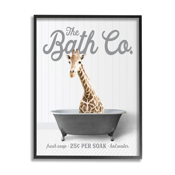 Stupell Industries Giraffe Bathroom Tub Animals & Insects Painting Black Framed Art Print Wall Art, 11 x 14