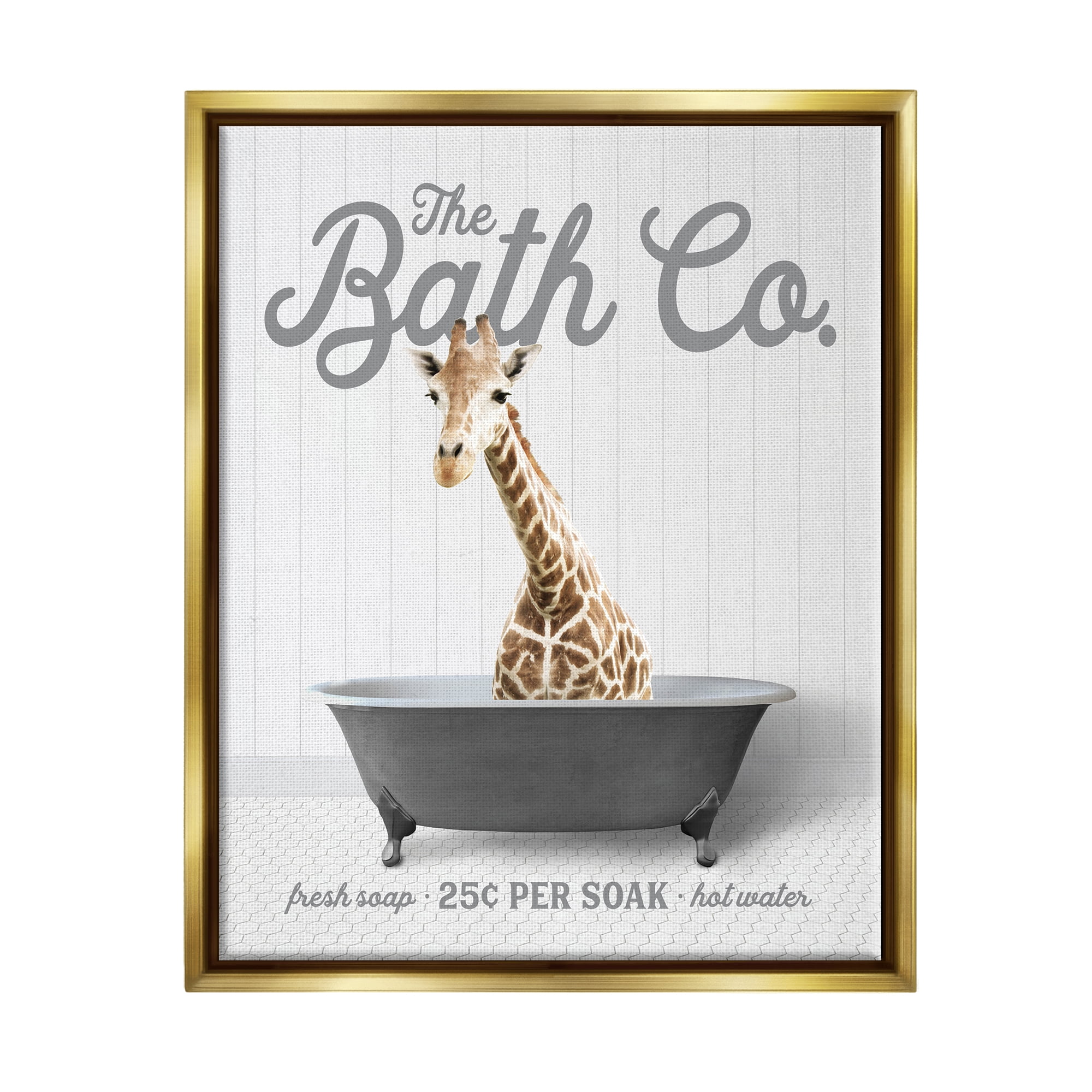 Stupell Industries Giraffe Bathroom Tub Animals & Insects Painting Gold Floater Framed Art Print Wall Art, 25 x 31