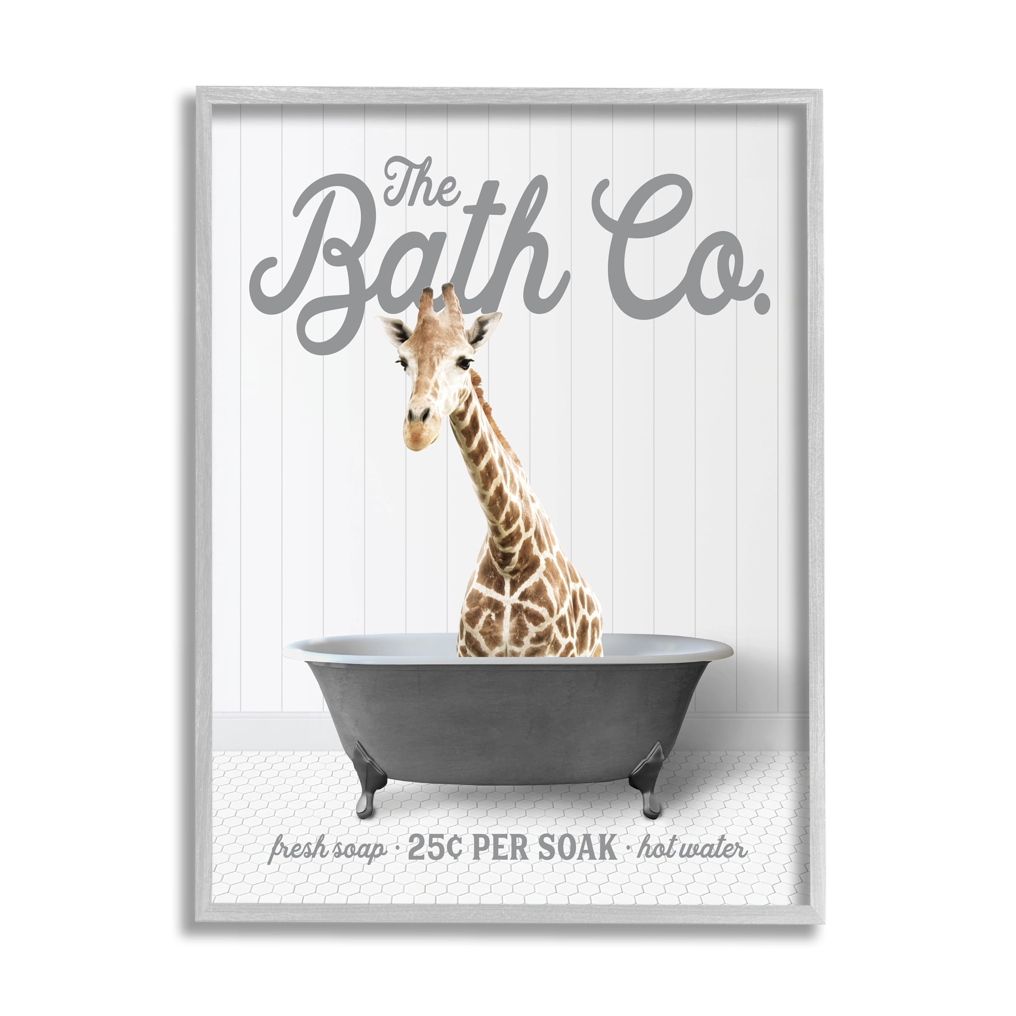 Stupell Industries Giraffe Bathroom Tub Animals & Insects Painting Gray Framed Art Print Wall Art, 16 x 20
