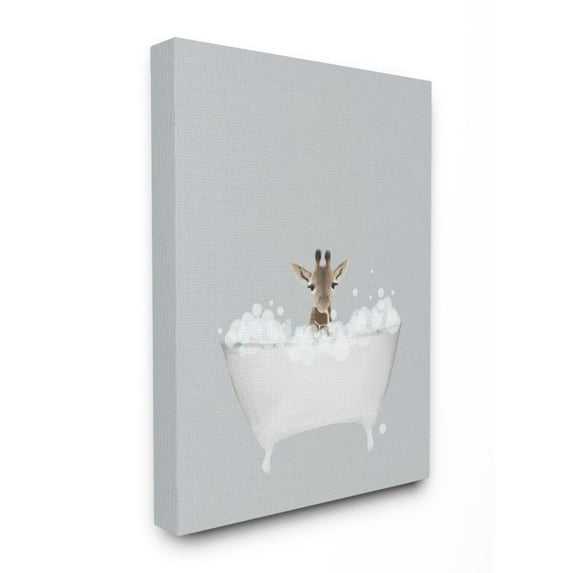 Stupell Industries Giraffe Blue Bath Cute Animal Design Canvas Wall Art by Leah Straatsma