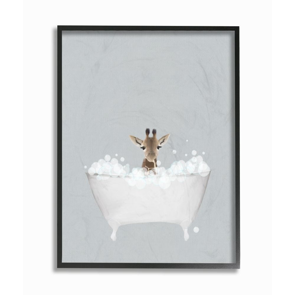 Stupell Industries Giraffe Blue Bath Cute Animal Design Graphic Art Black Framed Art Print Wall Art, 11x14, by Leah Straatsma