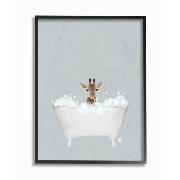 Stupell Industries Giraffe Blue Bath Cute Animal Design Graphic Art Black Framed Art Print Wall Art, 16x20, by Leah Straatsma